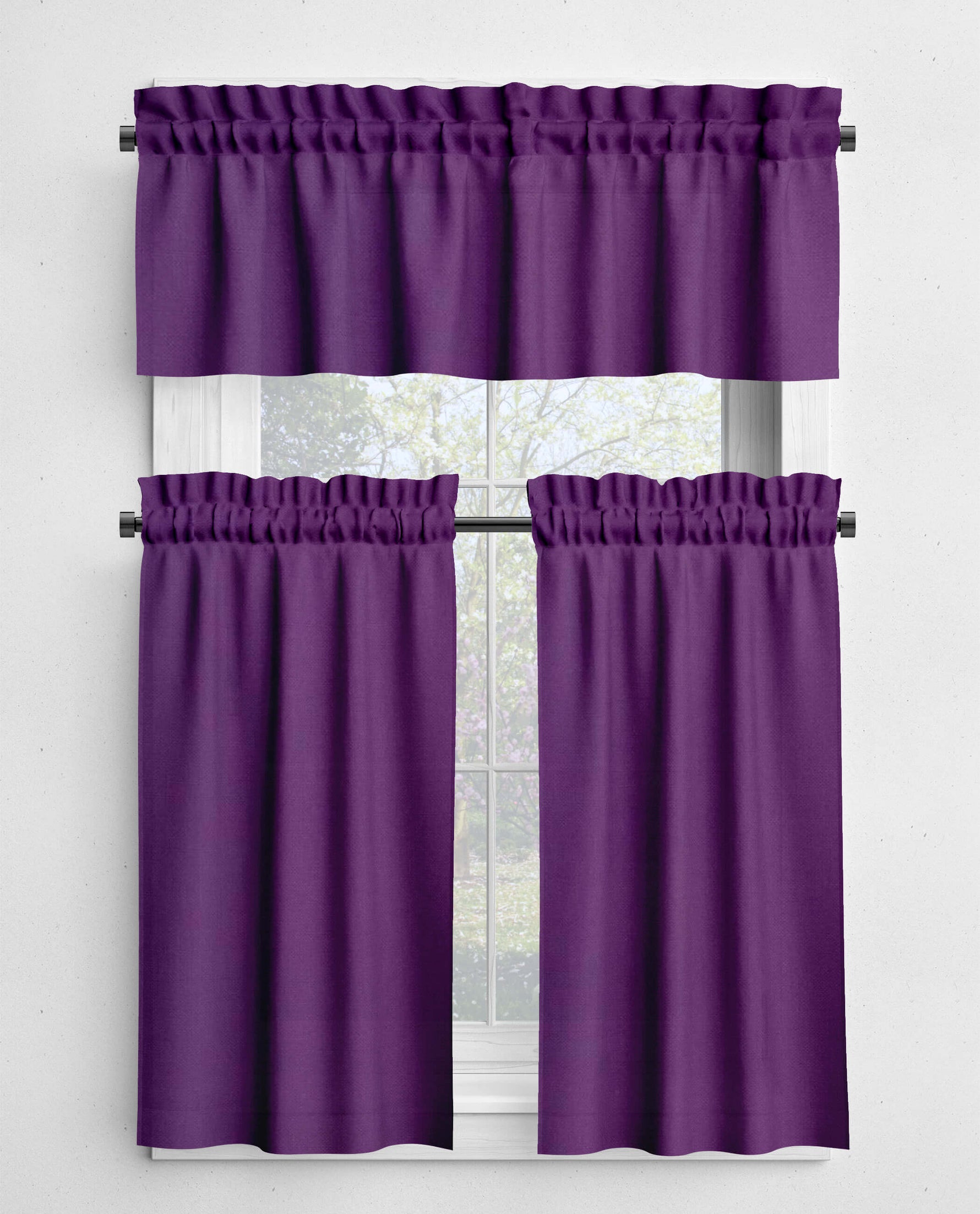 Purple window curtain set with a valance on a white background