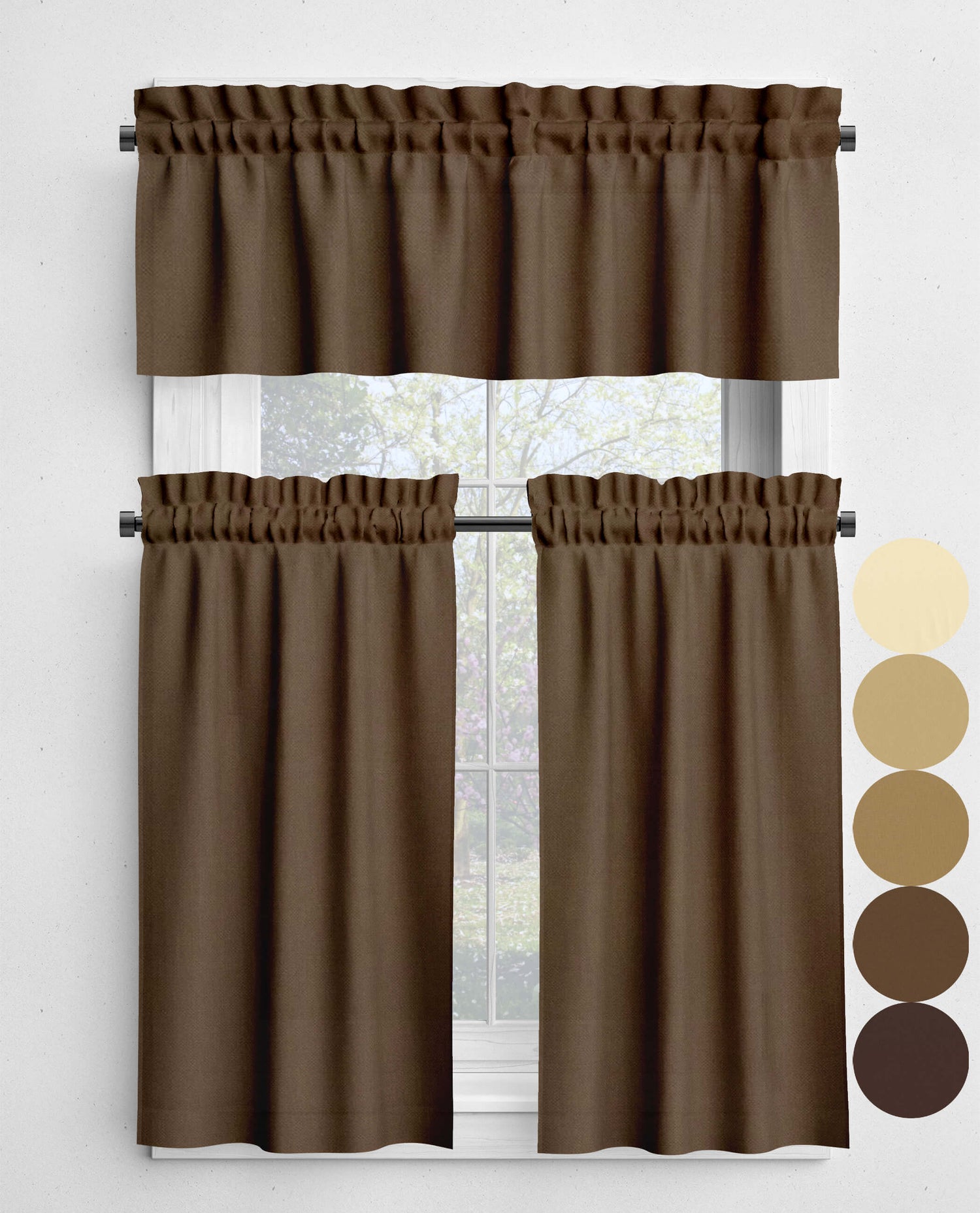 Cream, Tan, Latte, Cocoa, Mocha, Dark Brown Valances and Cafe Curtains