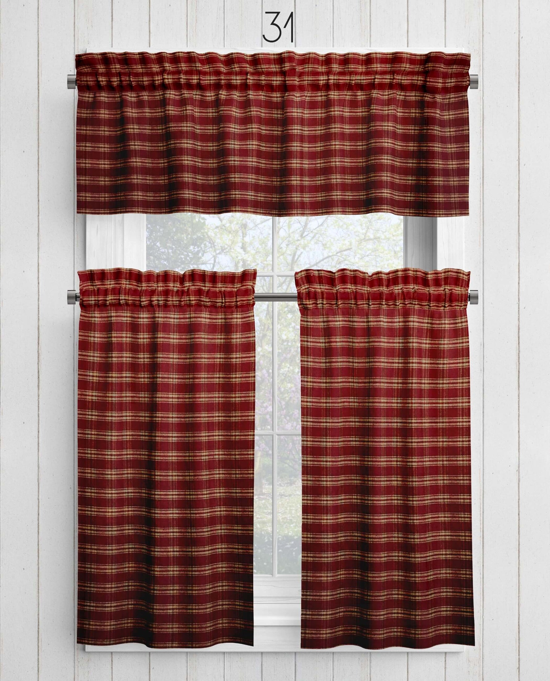 Burgundy Red Plaid and Check Homespun Valances and Cafe Curtains