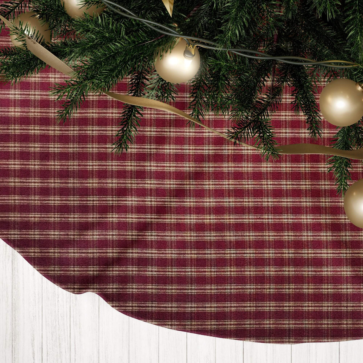 Burgundy Red Plaid and Check Homespun Country Christmas Tree Skirts