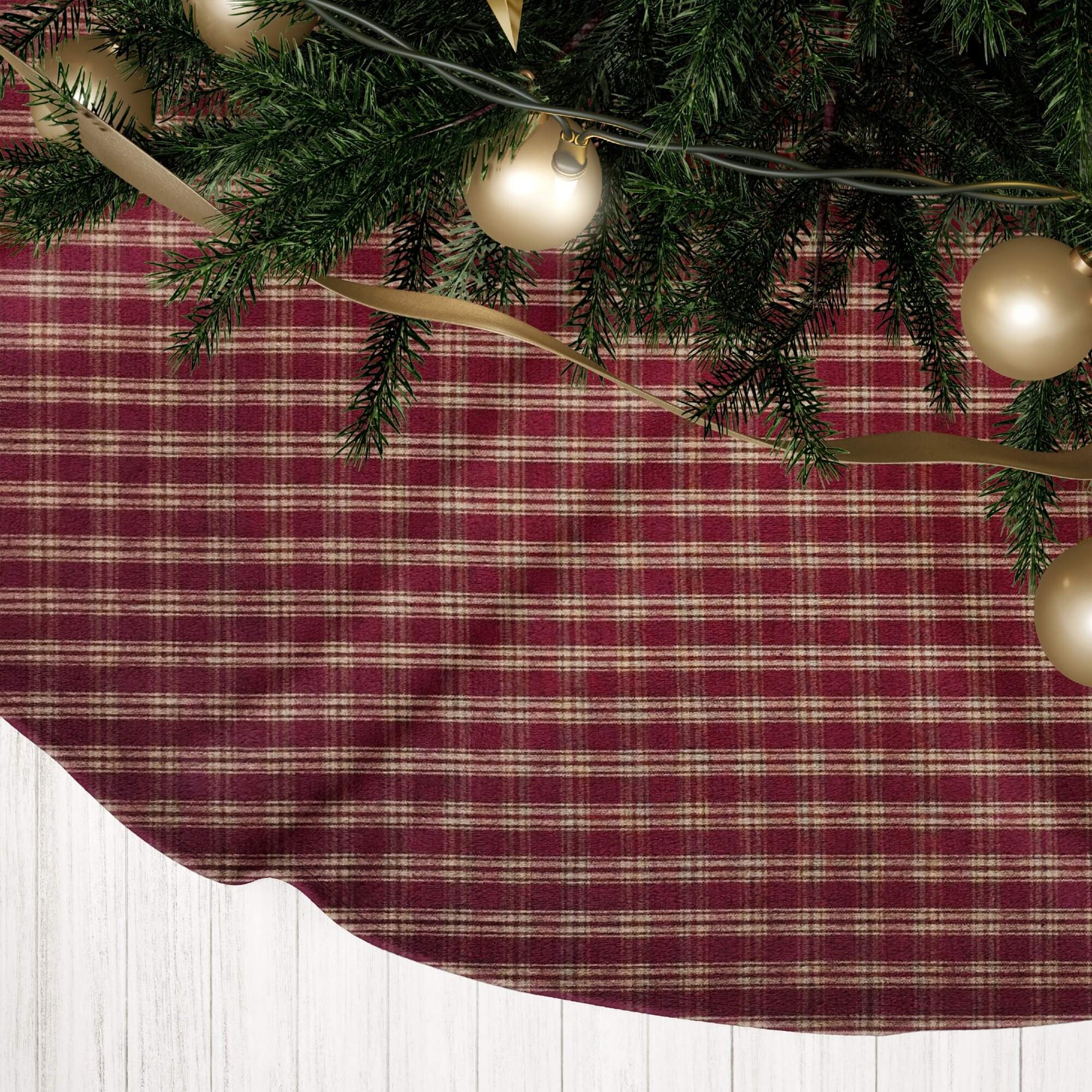 Burgundy Red Plaid and Check Homespun Country Christmas Tree Skirts