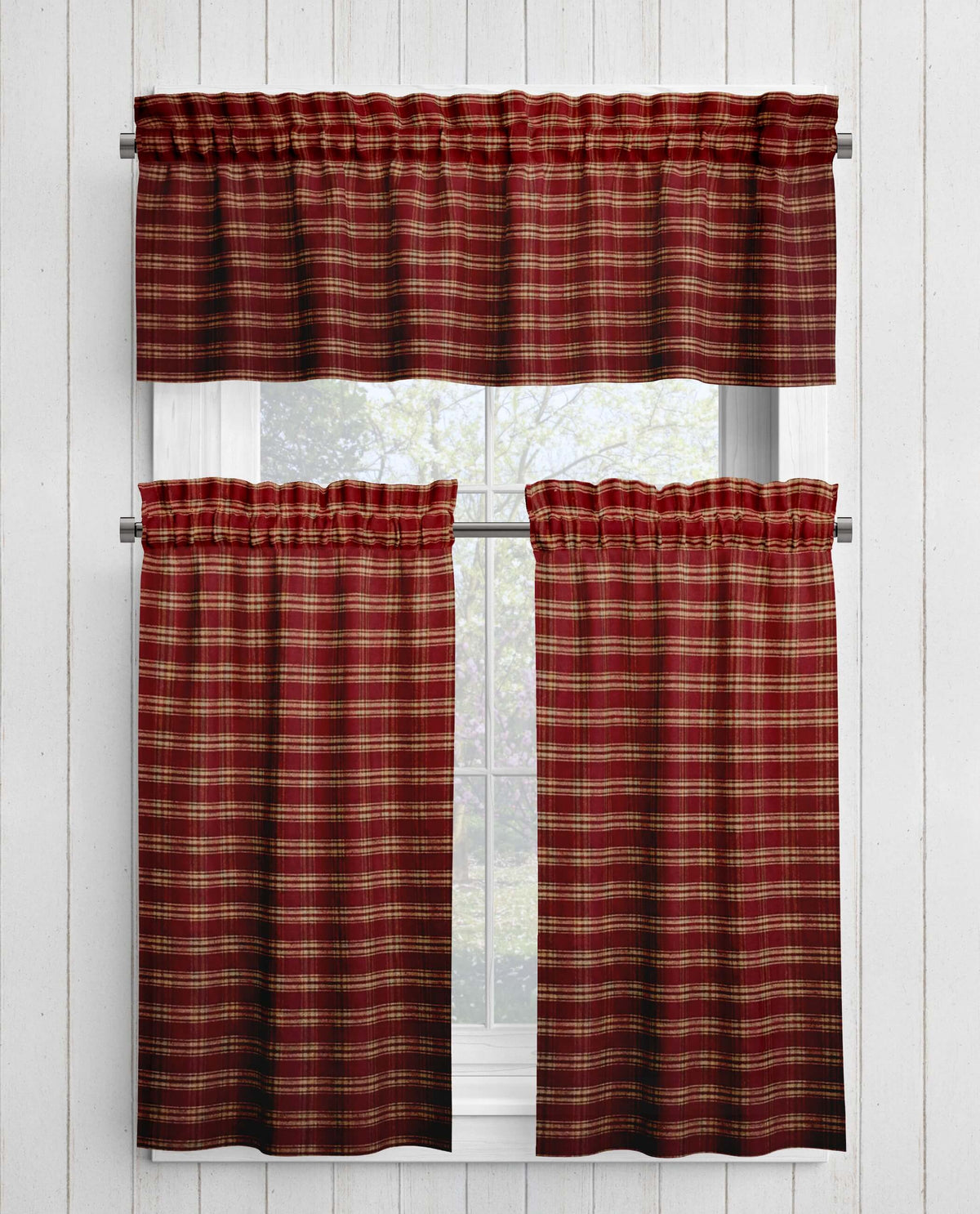 Burgundy Red and Tan Homespun Curtains – Rustic Farmhouse Plaid