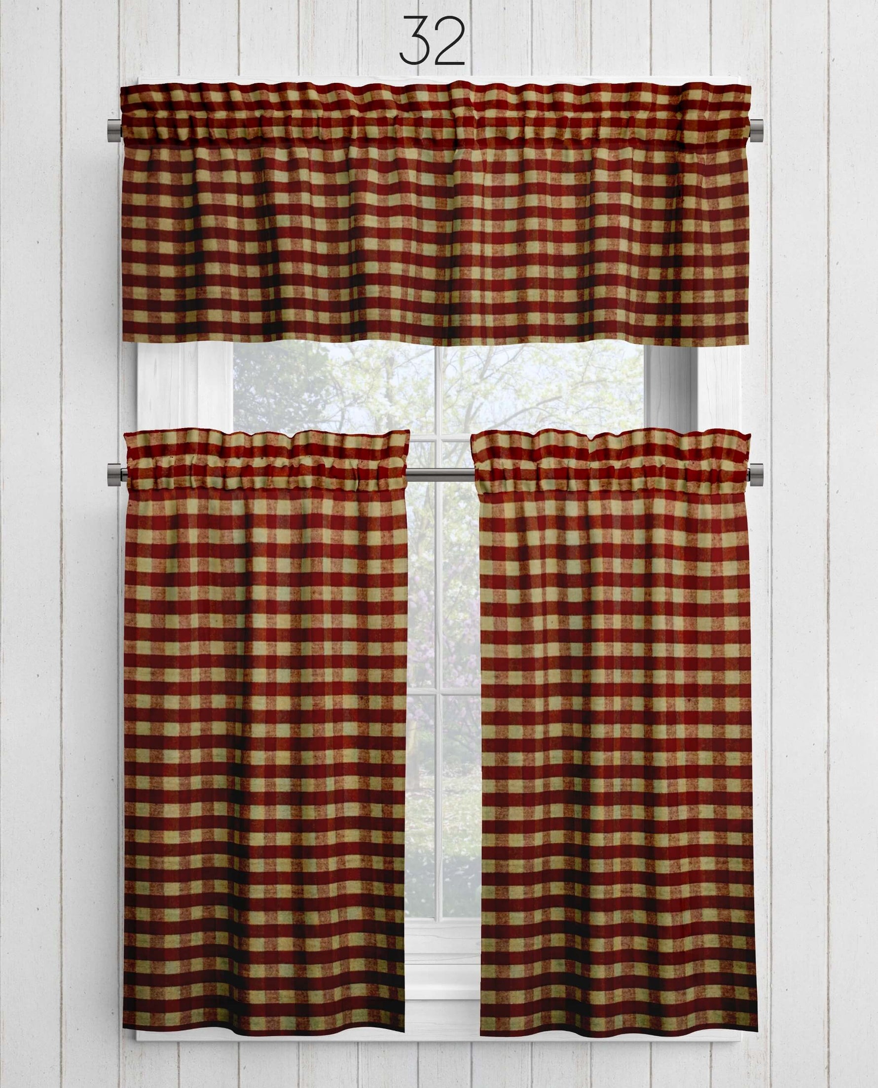 Burgundy Red Plaid and Check Homespun Valances and Cafe Curtains