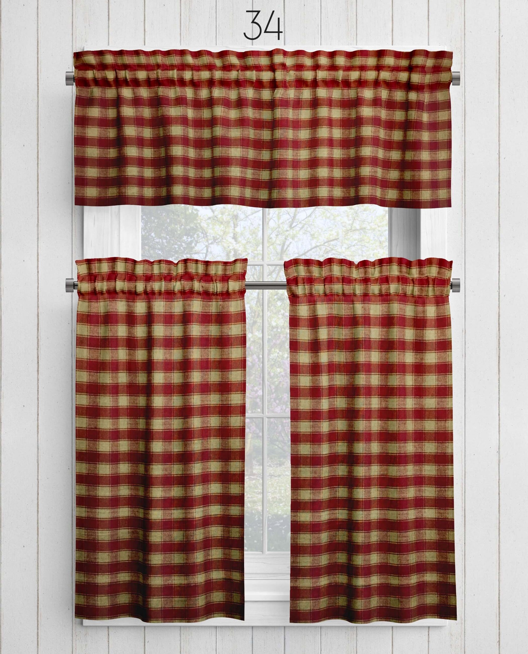 Burgundy Red Plaid and Check Homespun Valances and Cafe Curtains