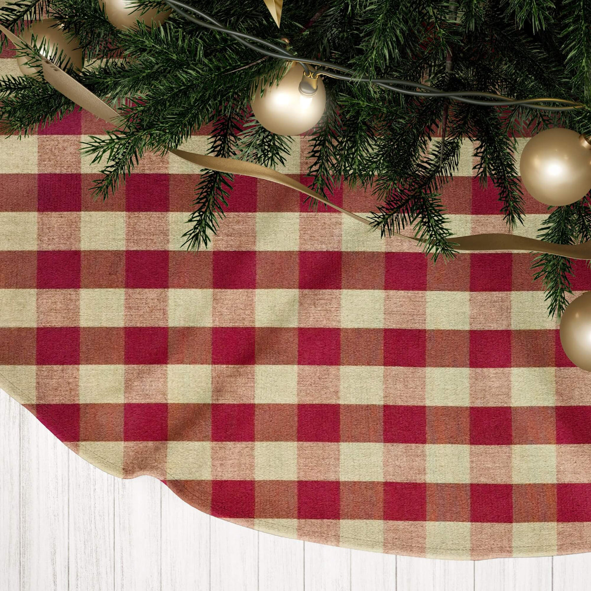 Burgundy Red Plaid and Buffalo Check Homespun Country Christmas Tree Skirts