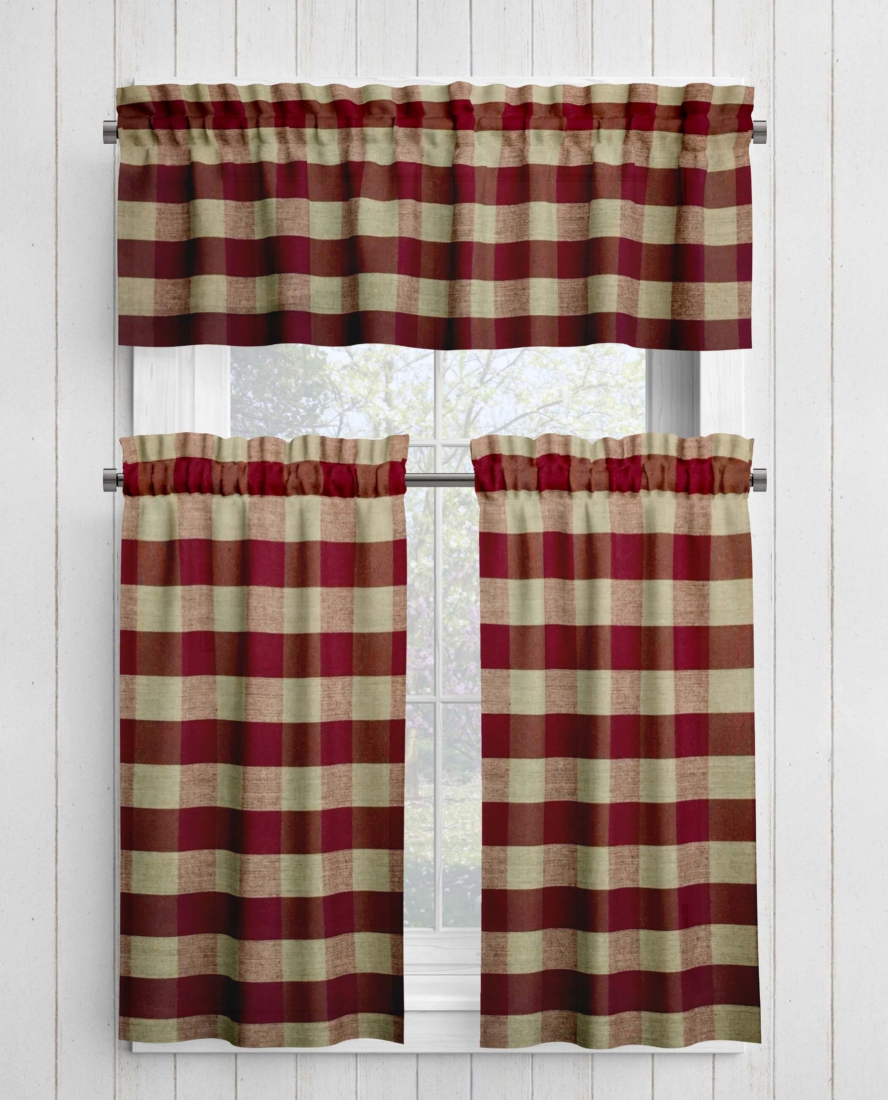 Burgundy Red and Tan Homespun Curtains – Rustic Farmhouse Bufflao Check
