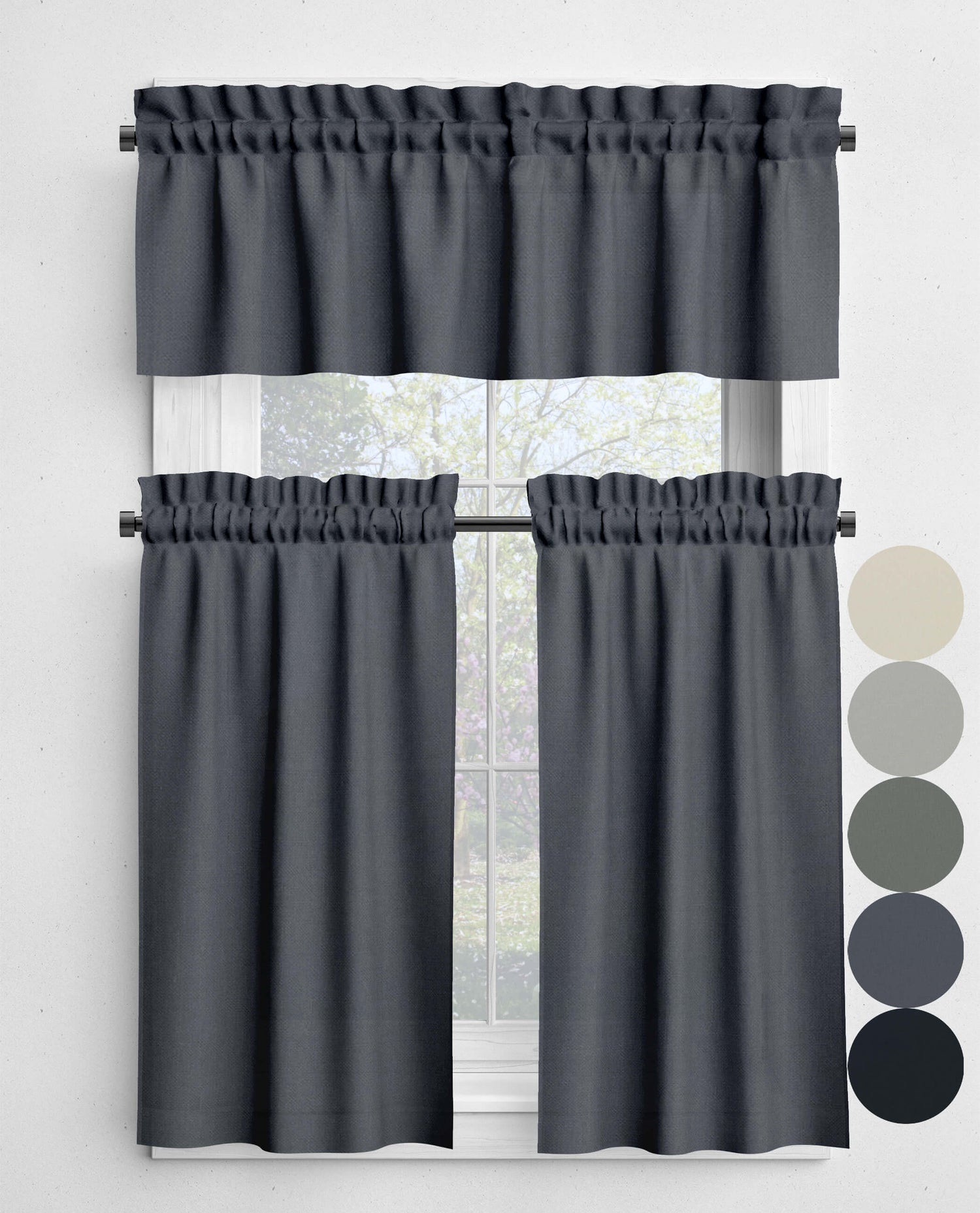 Stone, Light Gray, Slate, Charcoal Black Valances and Cafe Curtains