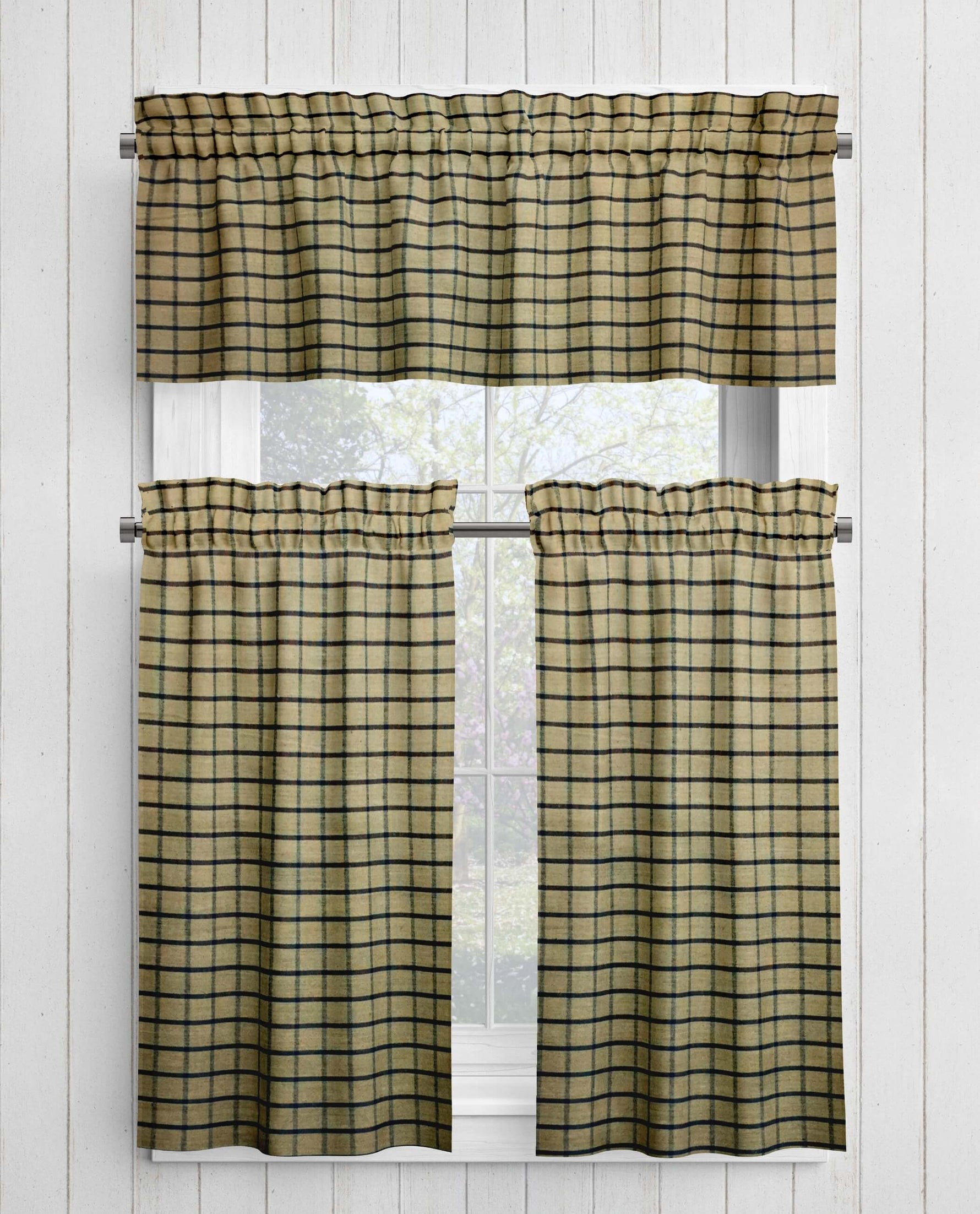Black and Tan Homespun Curtains – Rustic Plaid Farmhouse
