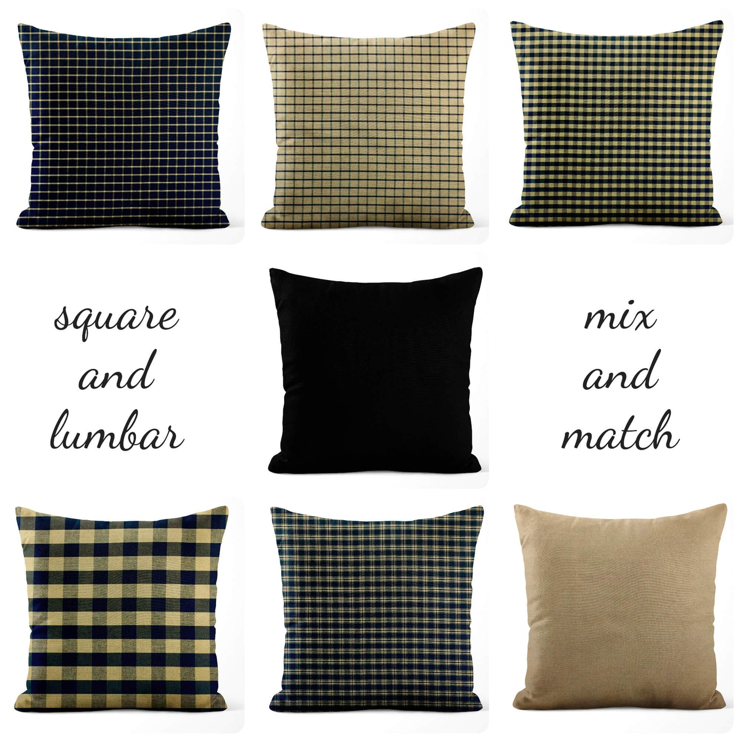 Primitive Country Pillow Covers and Euro Shams – Black & Tan Plaid