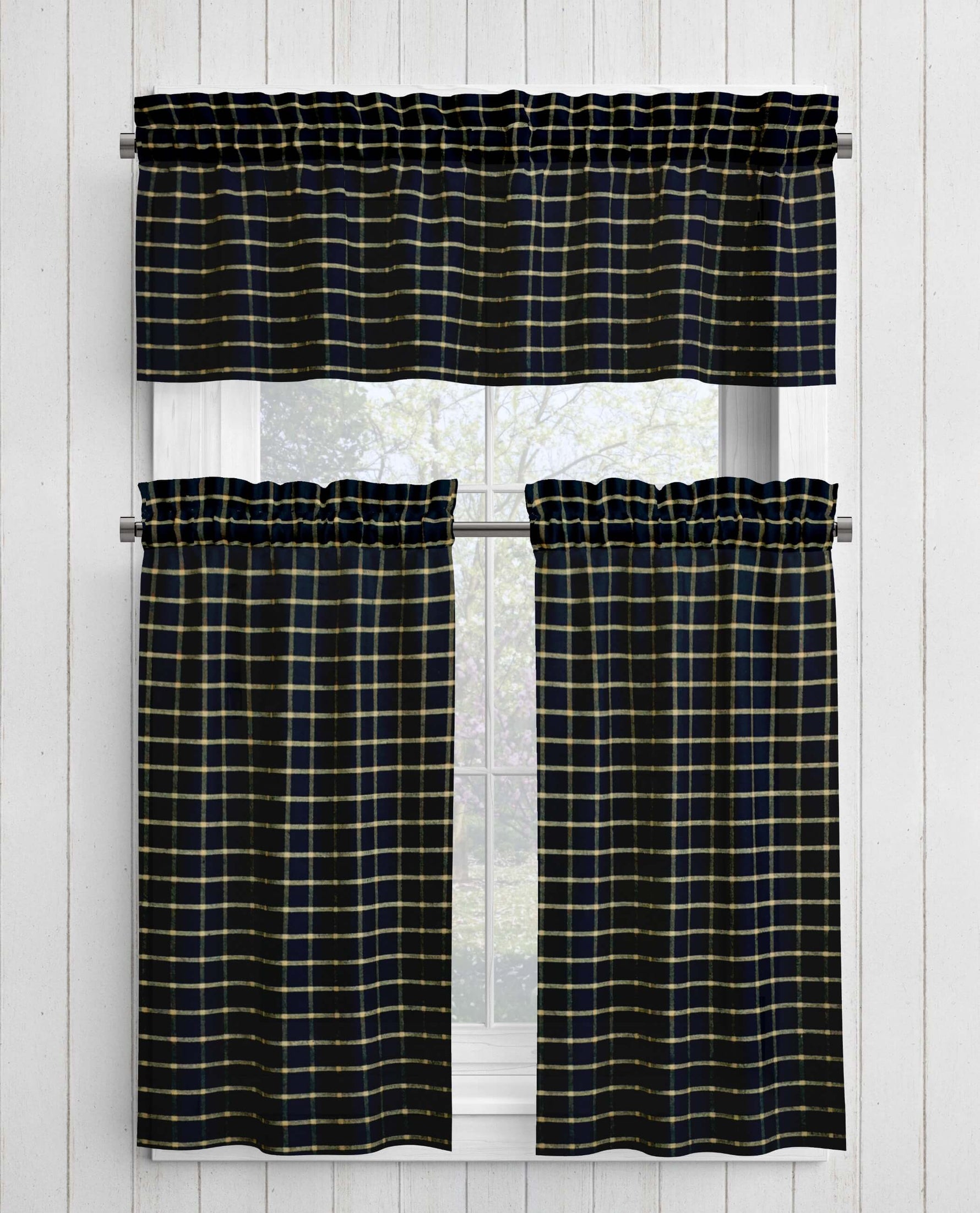 Black and Tan Homespun Curtains – Rustic Plaid Farmhouse