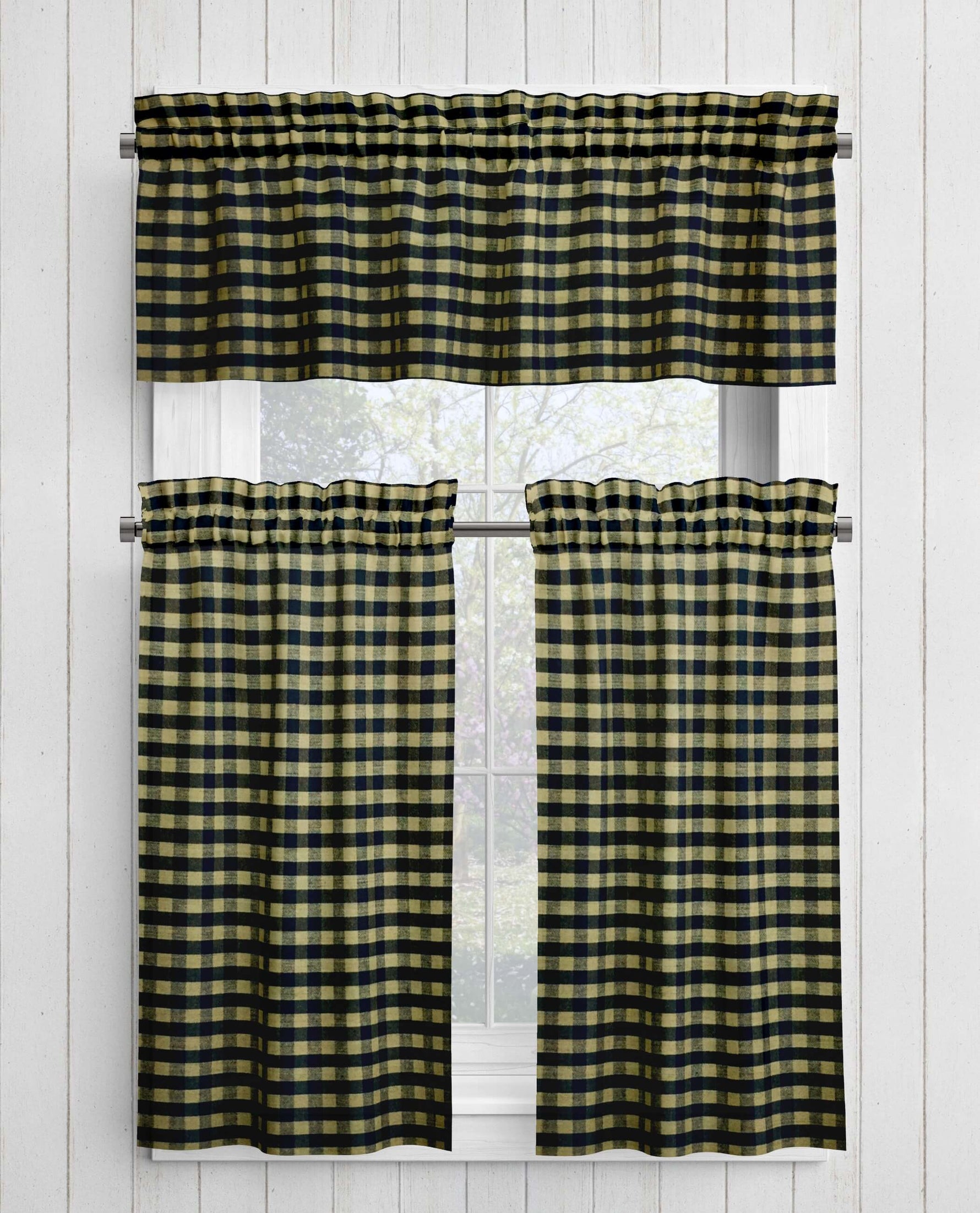 Black and Tan Homespun Curtains – Rustic Plaid Farmhouse Checkered