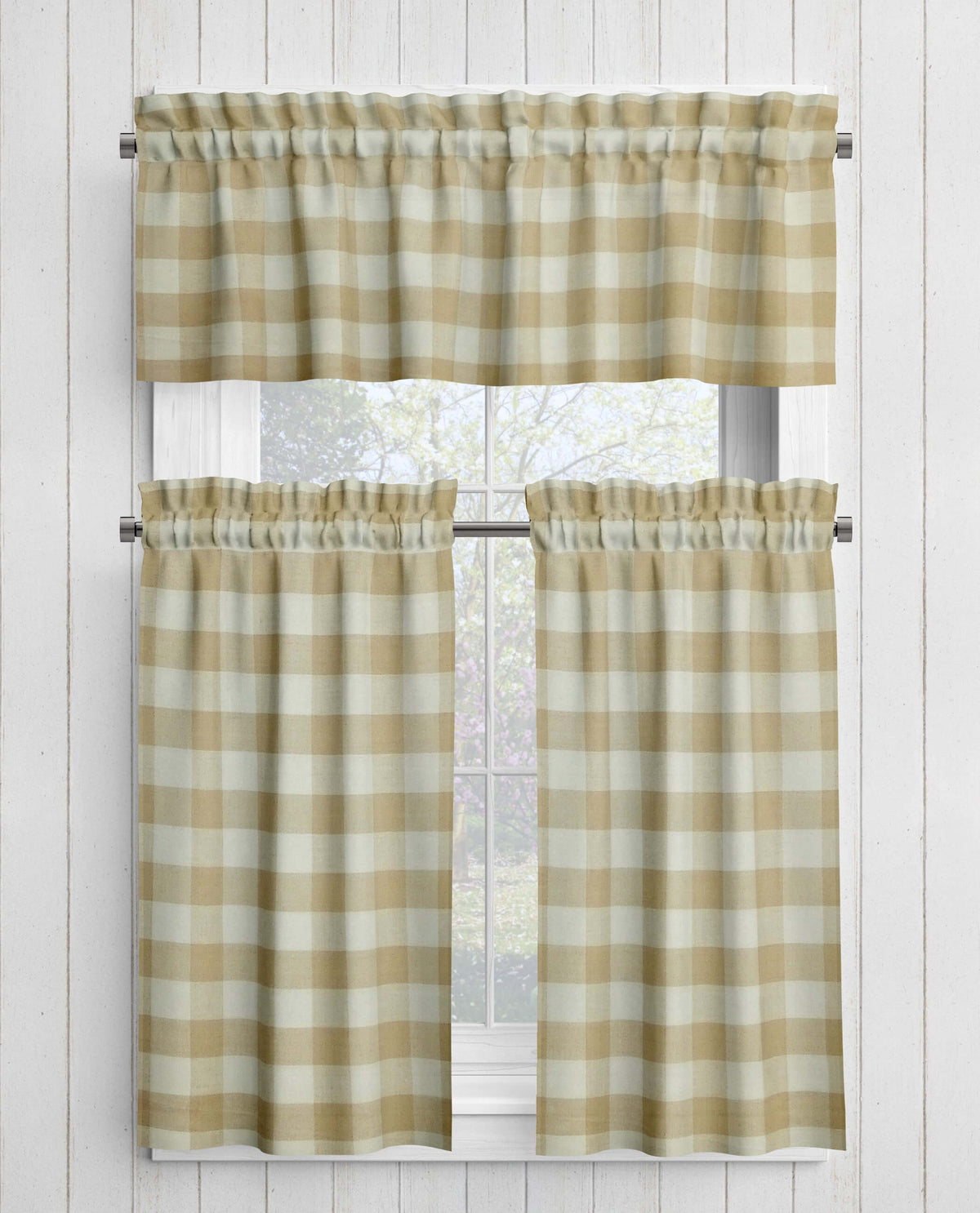 Checkered curtains on a window with a white wooden background