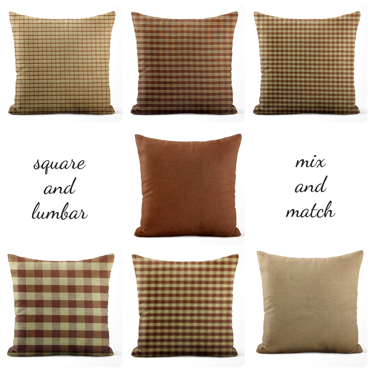 Brown Plaid and Check Homespun Rustic Country Throw Pillow Covers