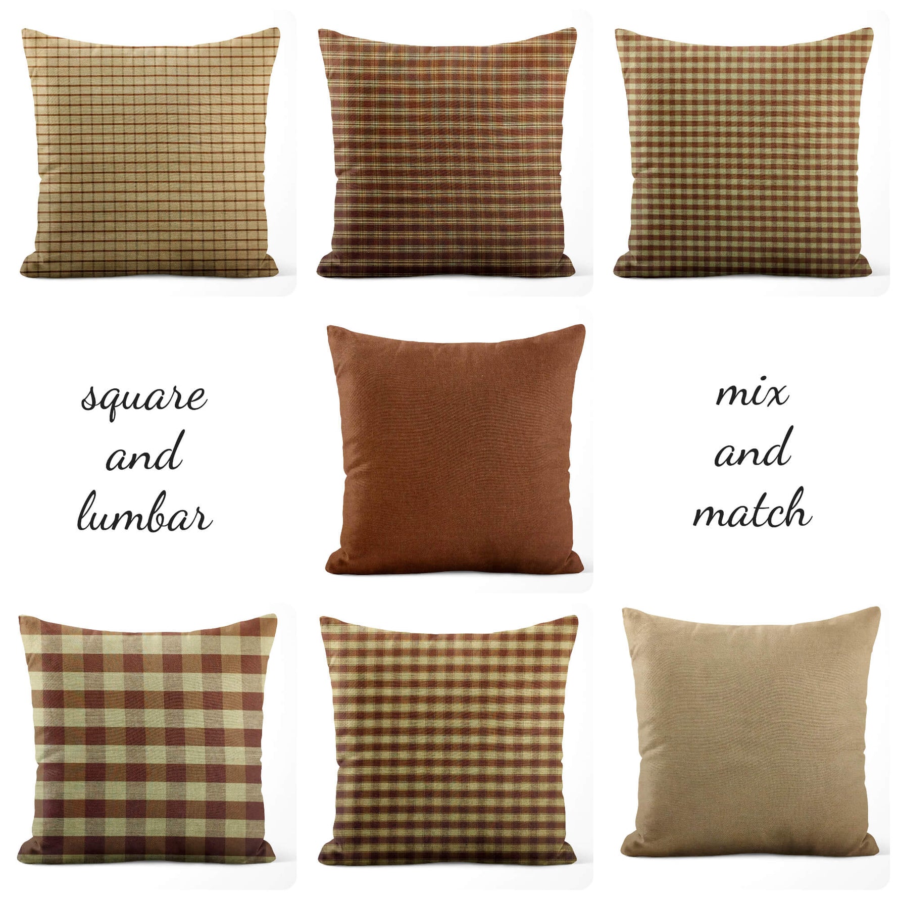 Brown Plaid and Check Homespun Rustic Country Throw Pillow Covers