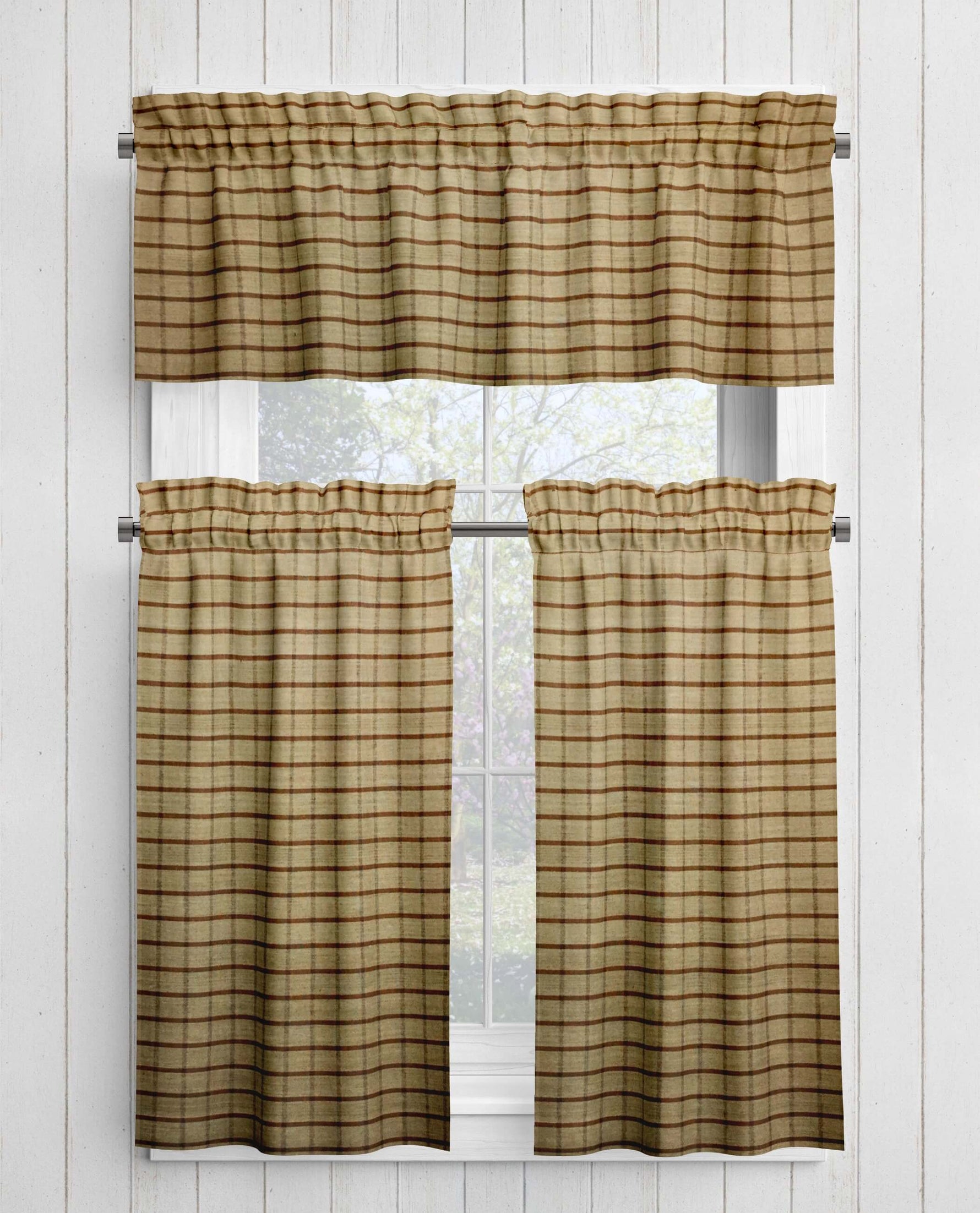 Brown and Tan Homespun Curtains – Rustic Plaid Farmhouse