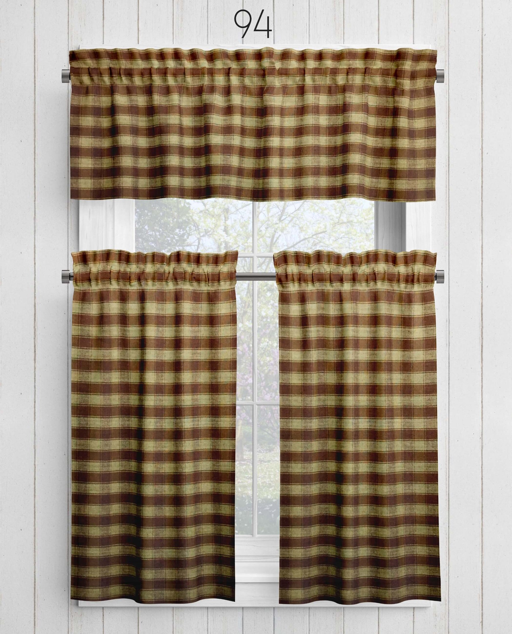 Brown Plaid and Check Homespun Valances and Cafe Curtains