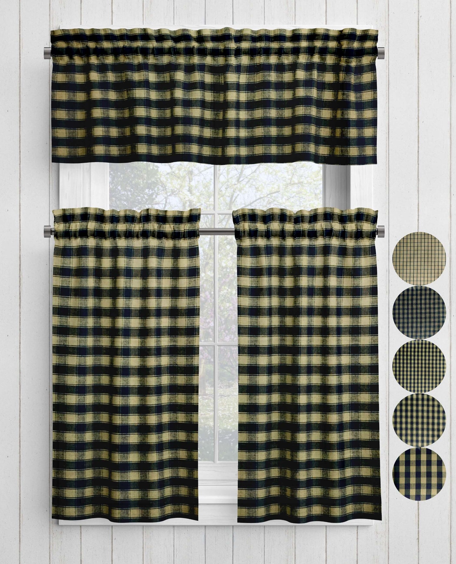 Black Plaid and Check Homespun Valances and Cafe Curtains