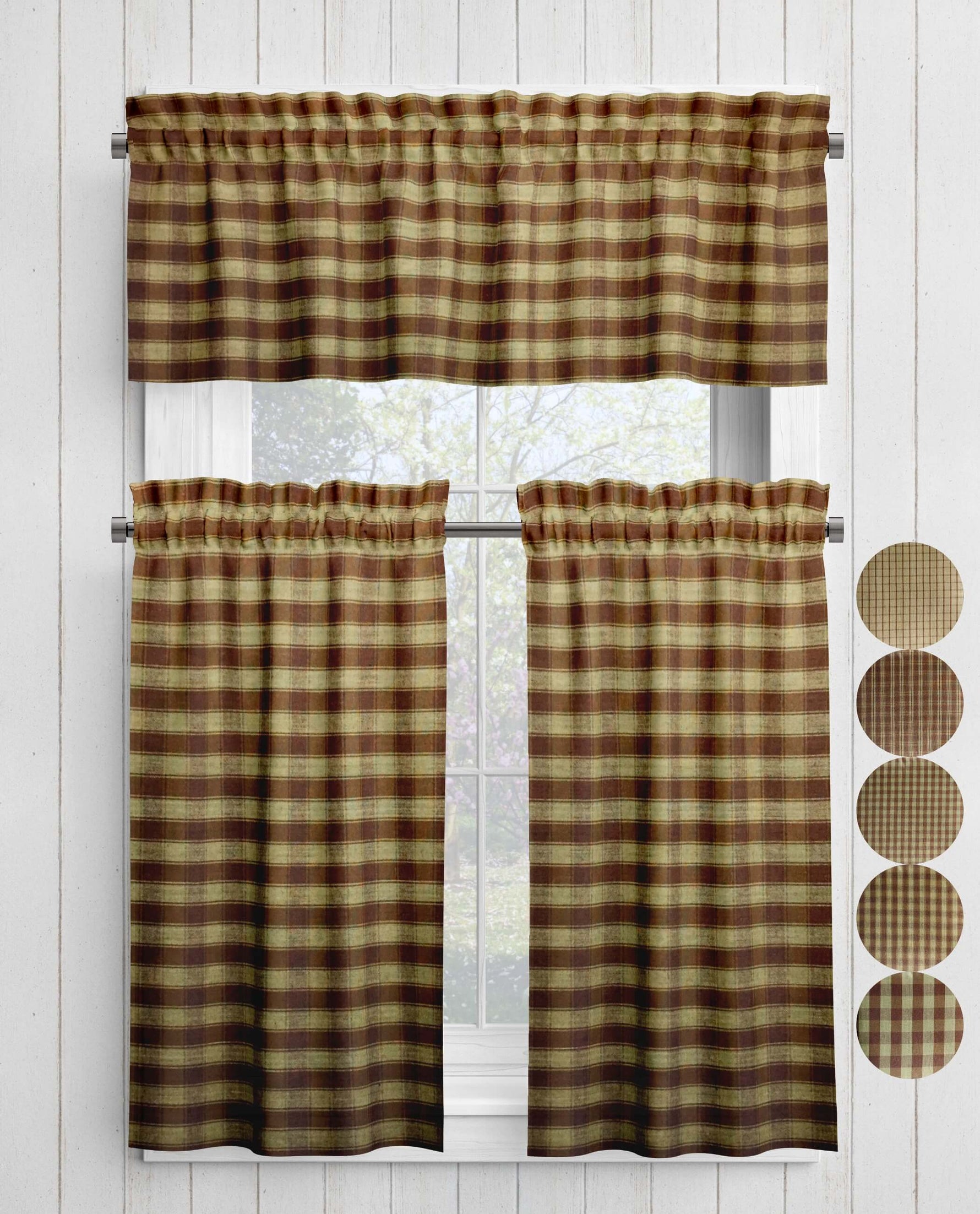 Brown Plaid and Check Homespun Valances and Cafe Curtains