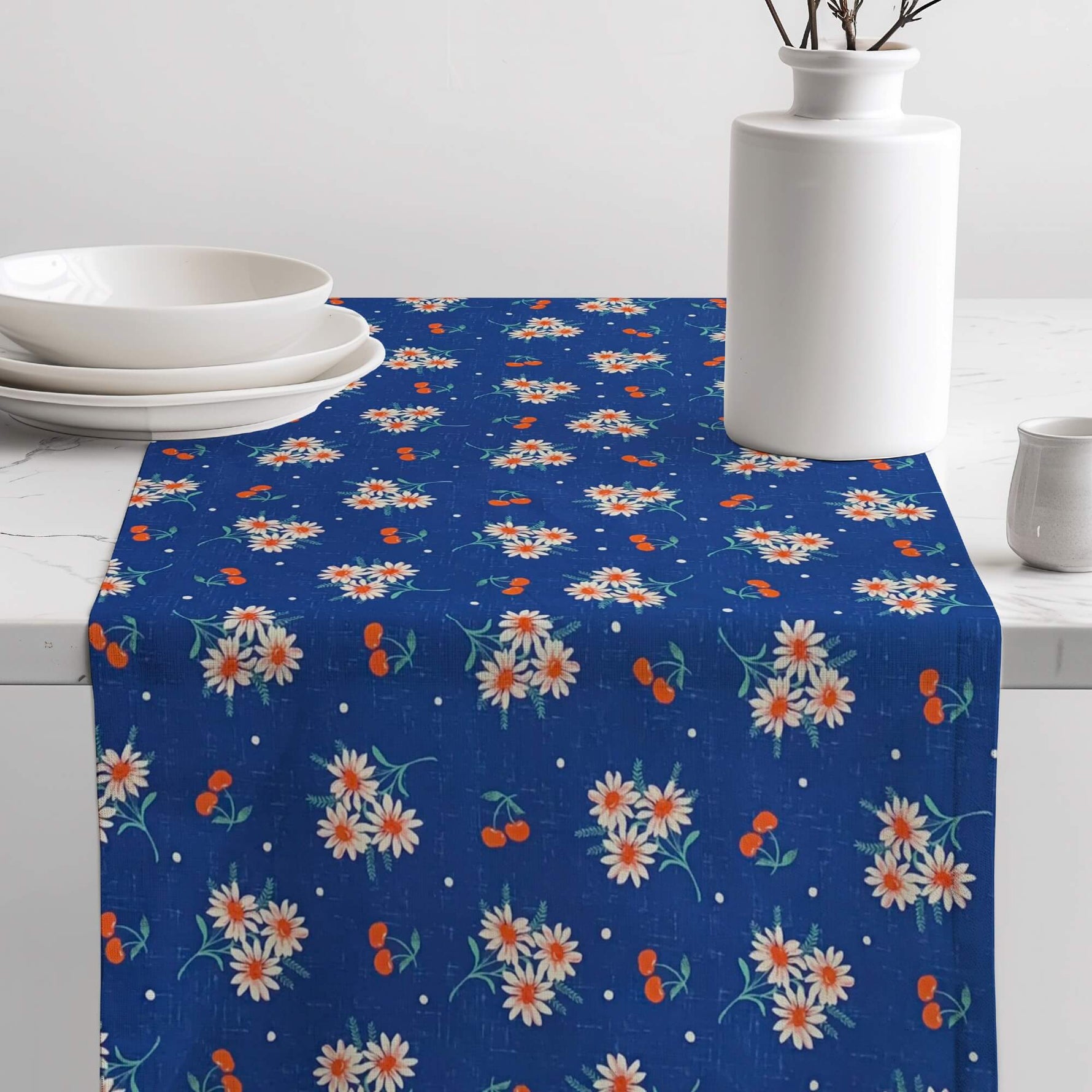 Delft Blue Cherry Daisy Floral Table Runners and Placemats
