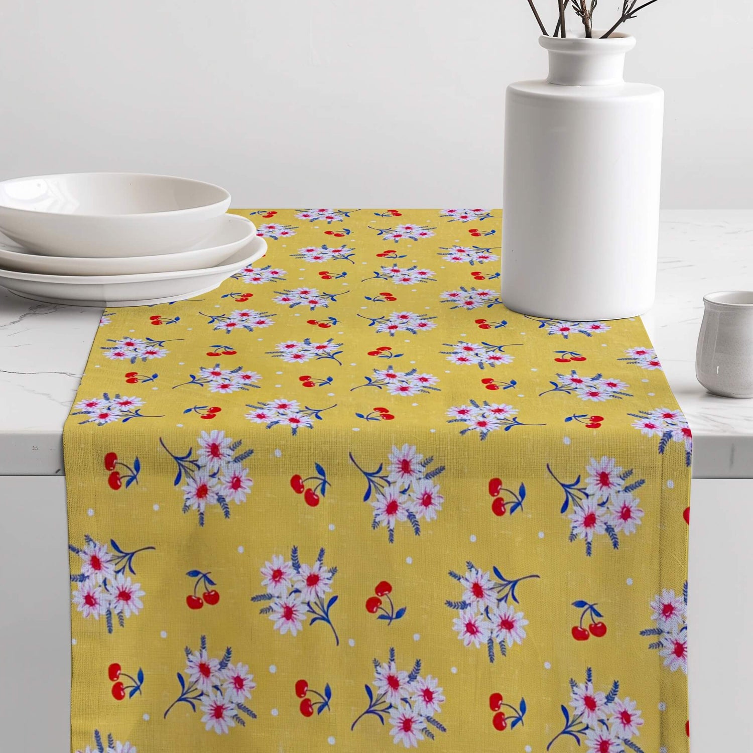 Lemon Zest Cherry Daisy Floral Table Runners and Placemats