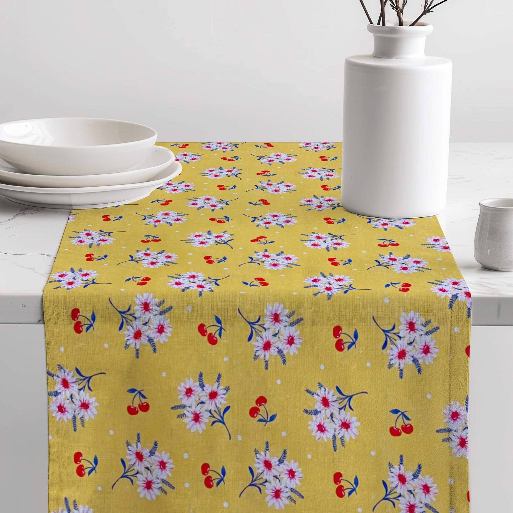Lemon Zest Cherry Daisy Floral Table Runners and Placemats