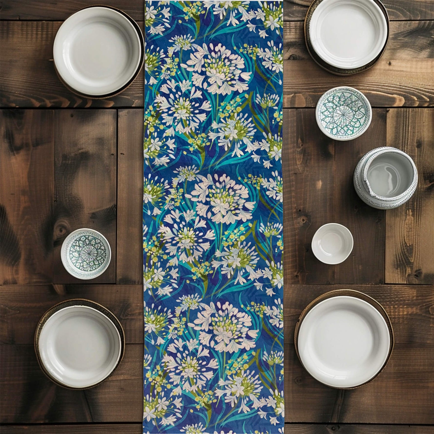 Lily of the Nile Floral Table Runners and Placemats - coastal blue