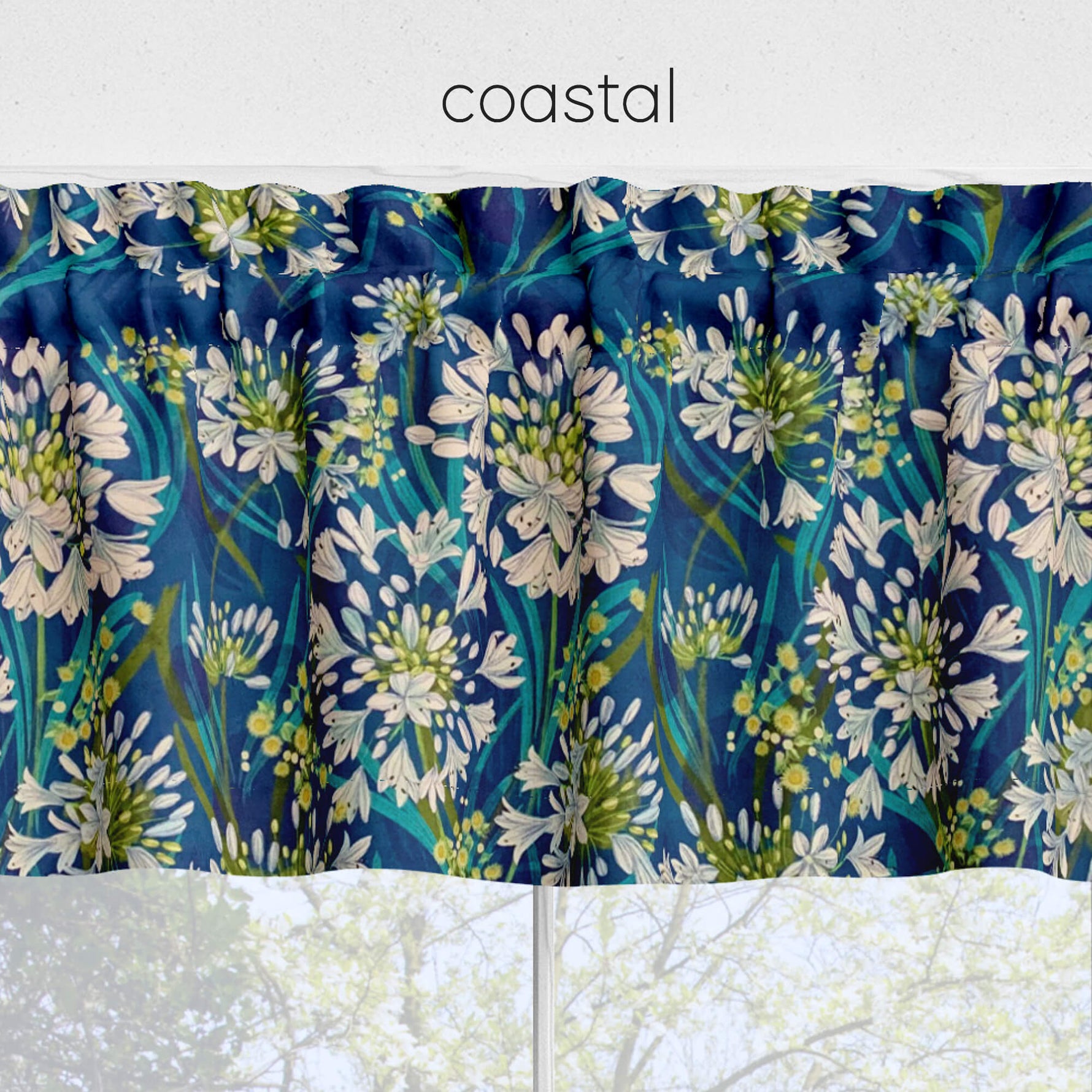Lily of the Nile Floral Kitchen Valances and Cafe Curtains - coastal blue