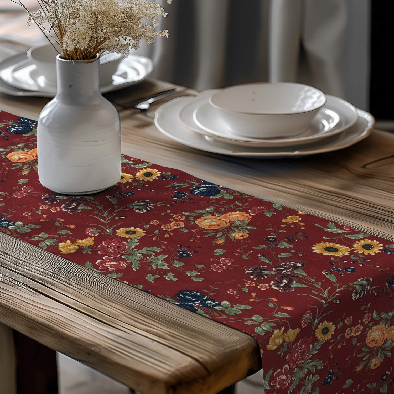 Blooming Garden Floral Table Runners and Placemats burgundy red
