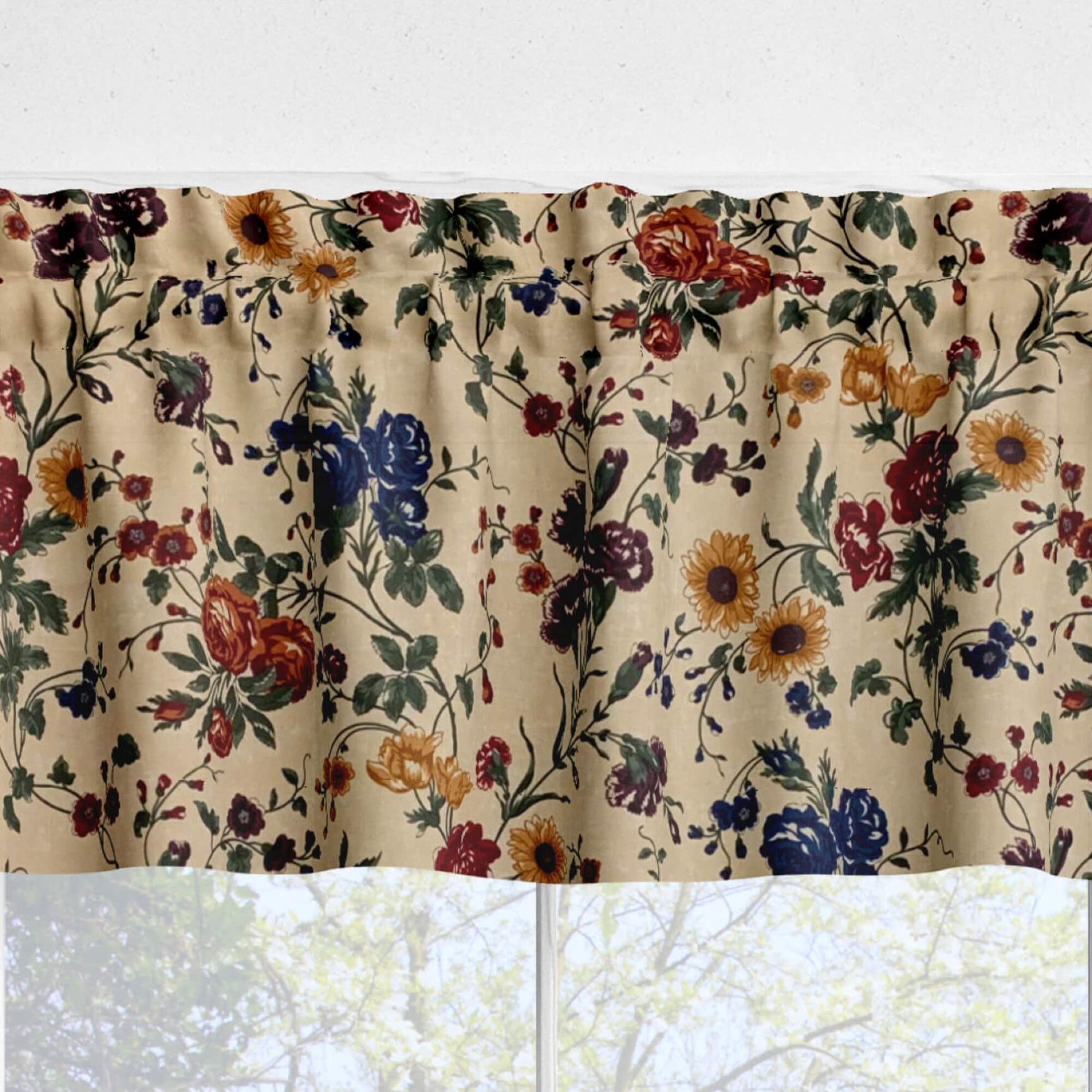 Blooming Garden Floral Kitchen Valances and Cafe Curtains beige