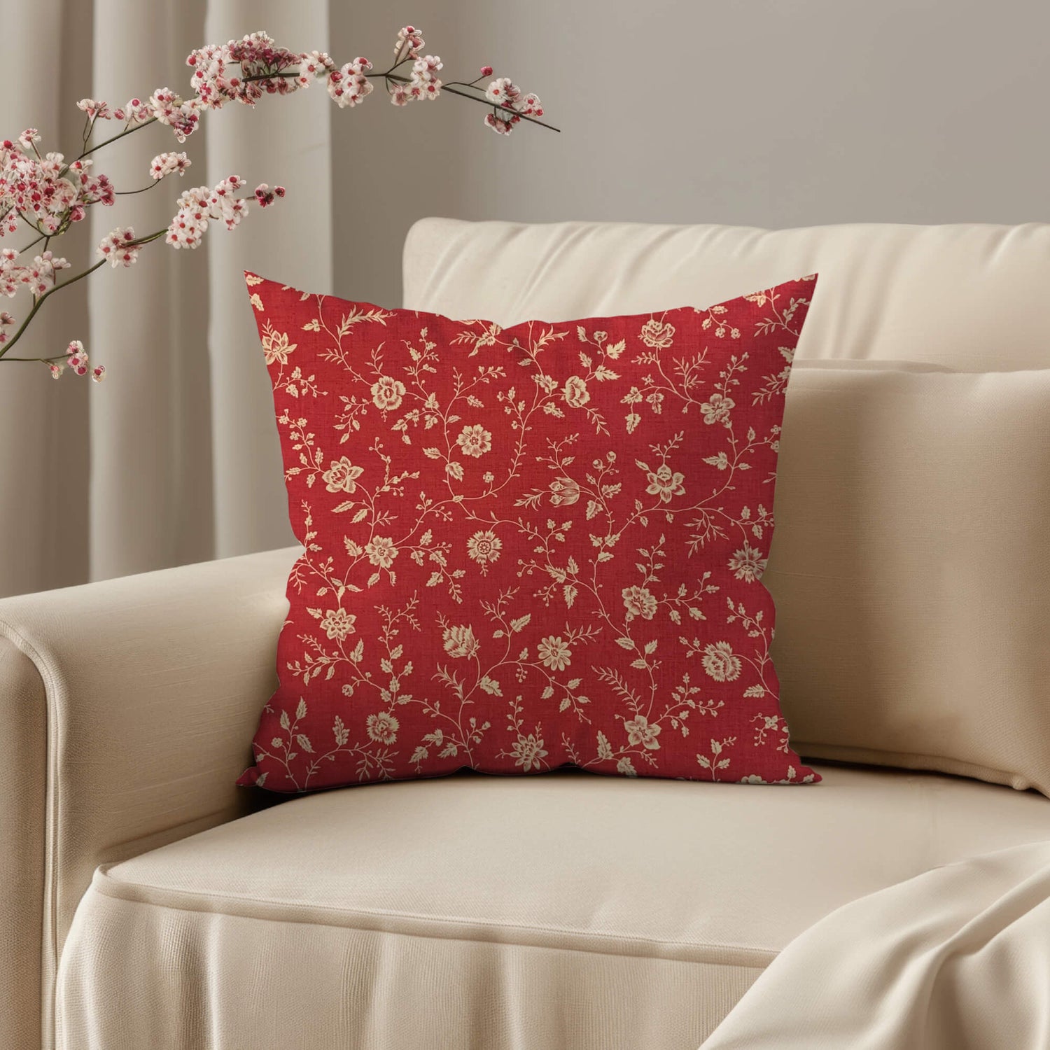 Etonnante Florals Toile Pillow Covers – Rouge Red and Faded Pearl | Lumbar, Euro Sham, Custom Sizes | French Country Cottagecore Decor