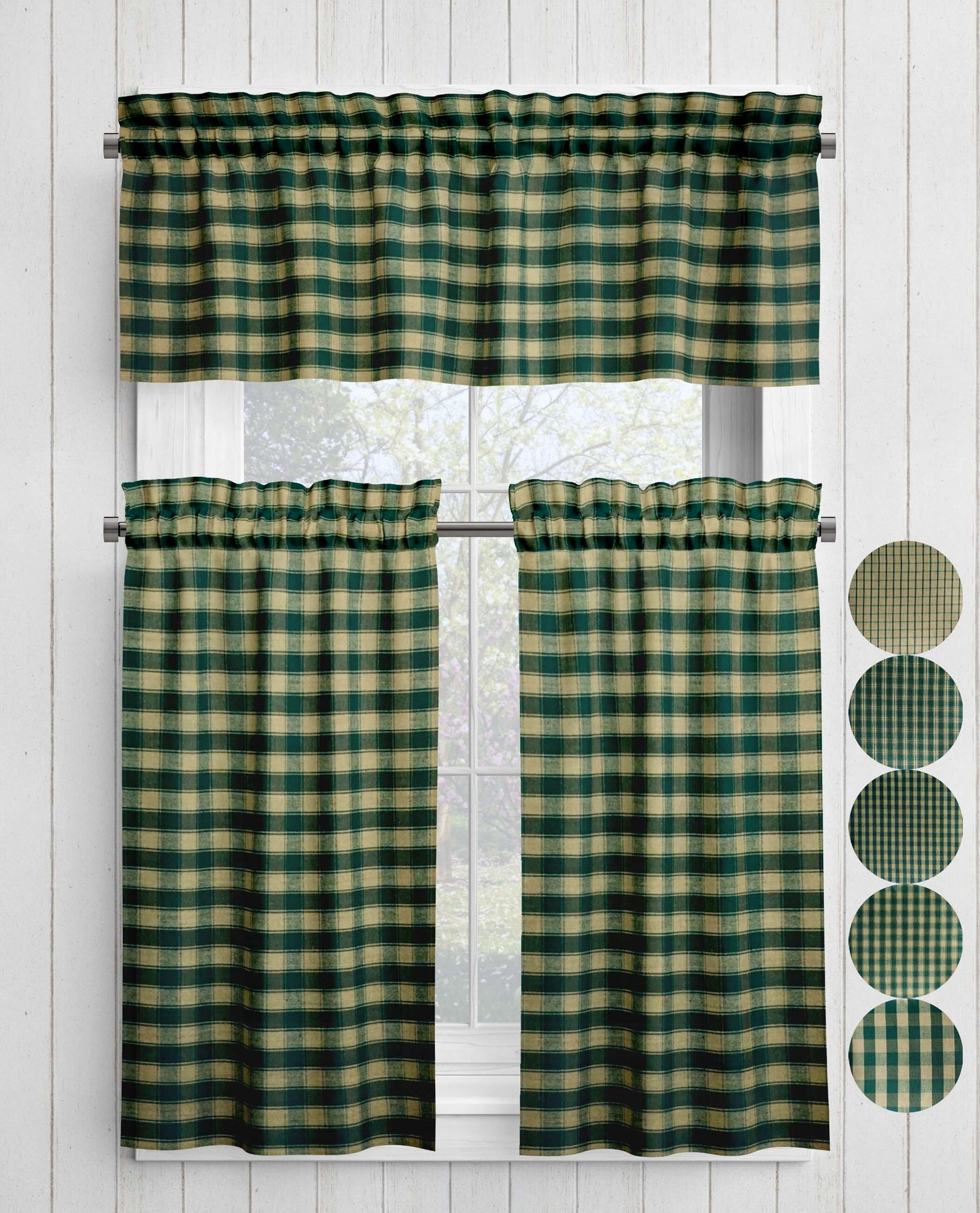 Green Plaid and Check Homespun Valances and Cafe Curtains