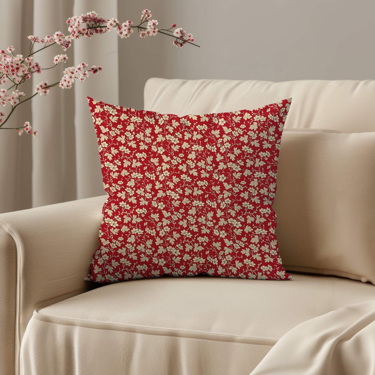 Mignon Floral Pillow Covers – Rouge Red with Gold Leaves and Vines