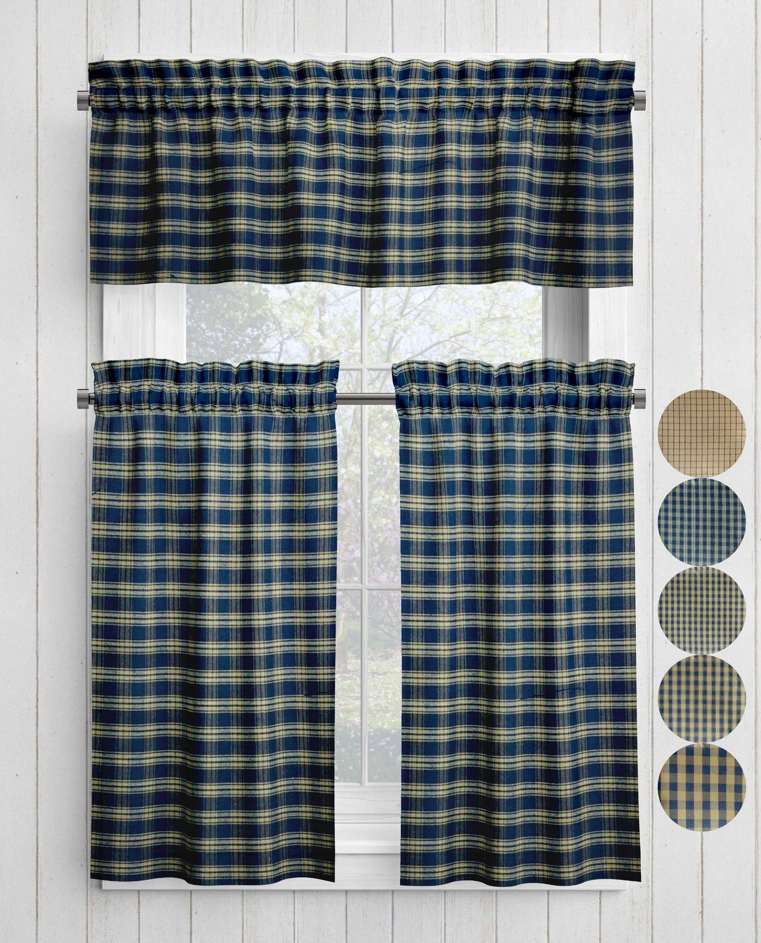 Navy Blue Plaid and Check Homespun Valances and Cafe Curtains