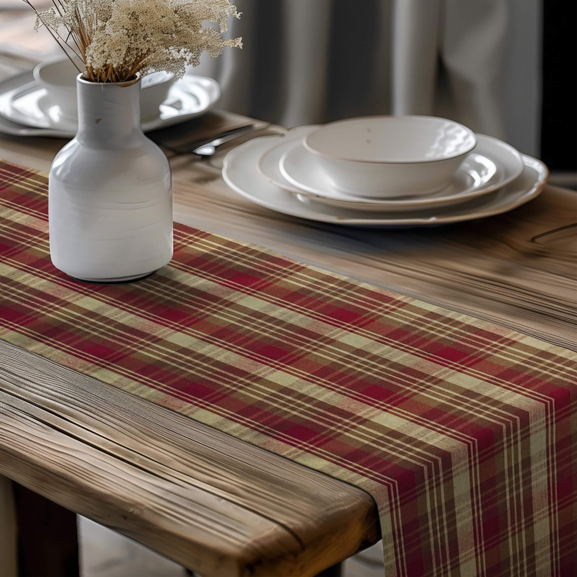 Red, Brown, and Tan Plaid Homespun Table Runners and Placemats