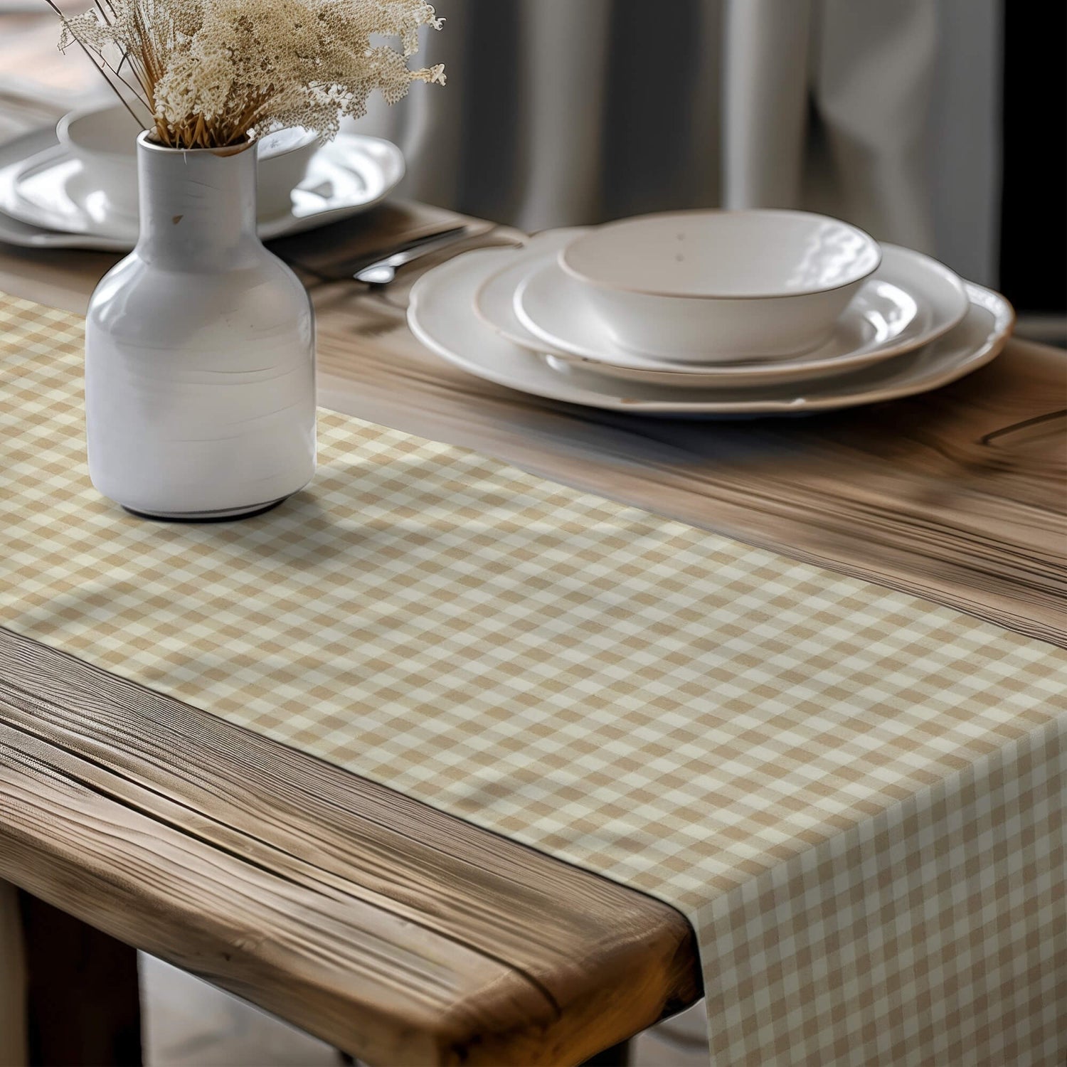Cream Plaid Table Runners – Rustic Farmhouse Style checkered