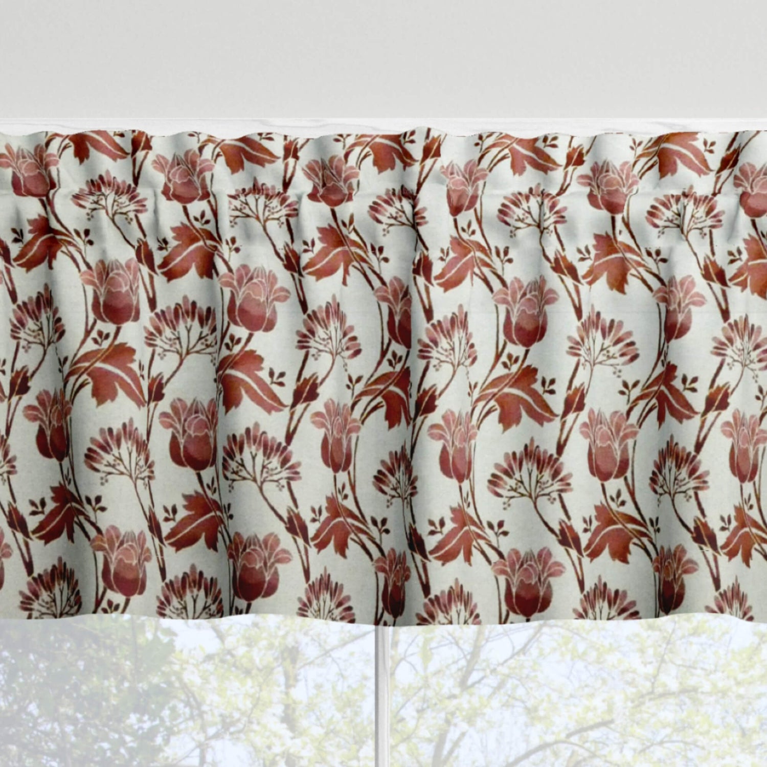 Coral Rose and Blue Tulip Floral Kitchen Valances and Cafe Curtains