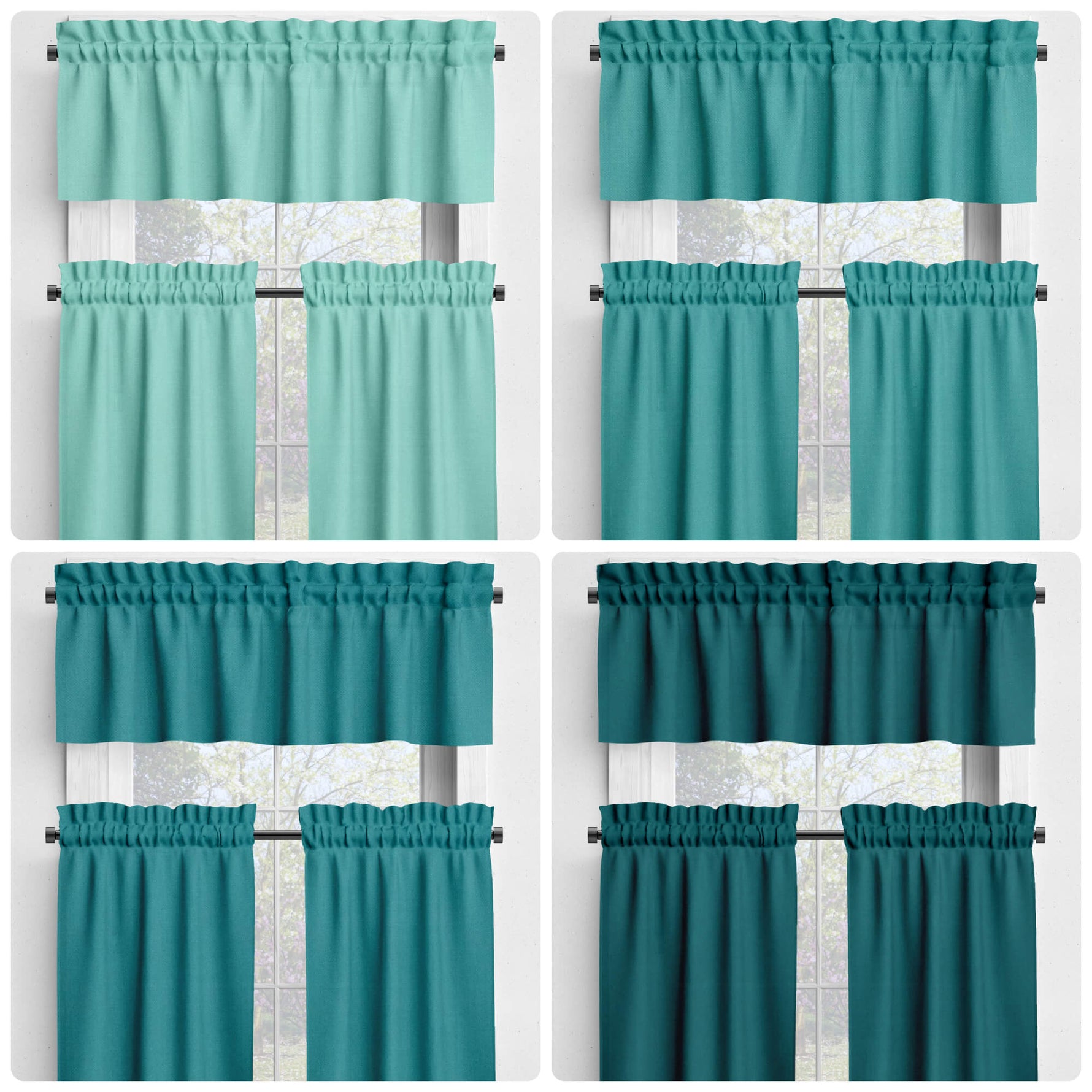 Aqua and Teal Cotton Rod Pocket Valances and Cafe Curtains