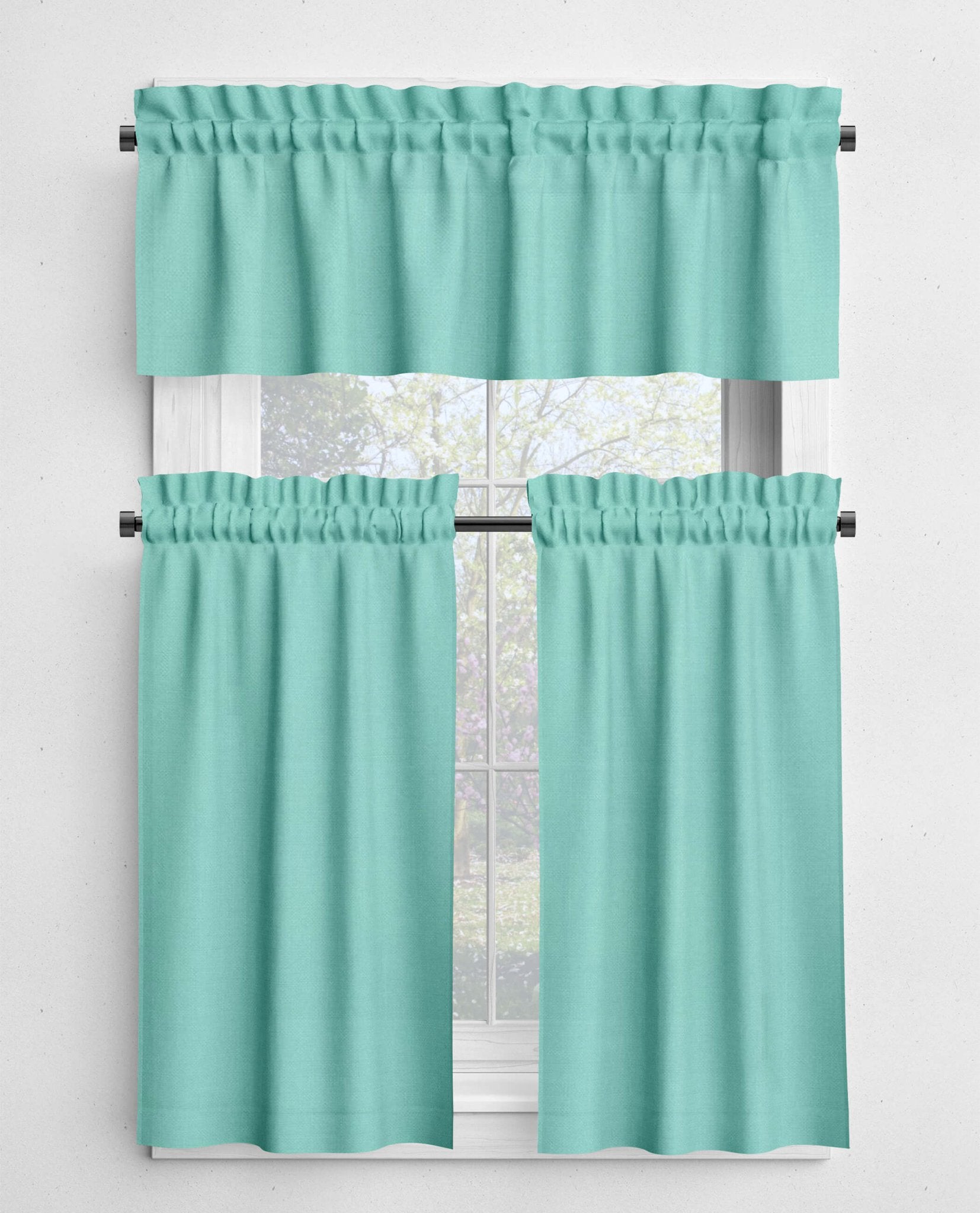 Aqua and Teal Cotton Rod Pocket Valances and Cafe Curtains
