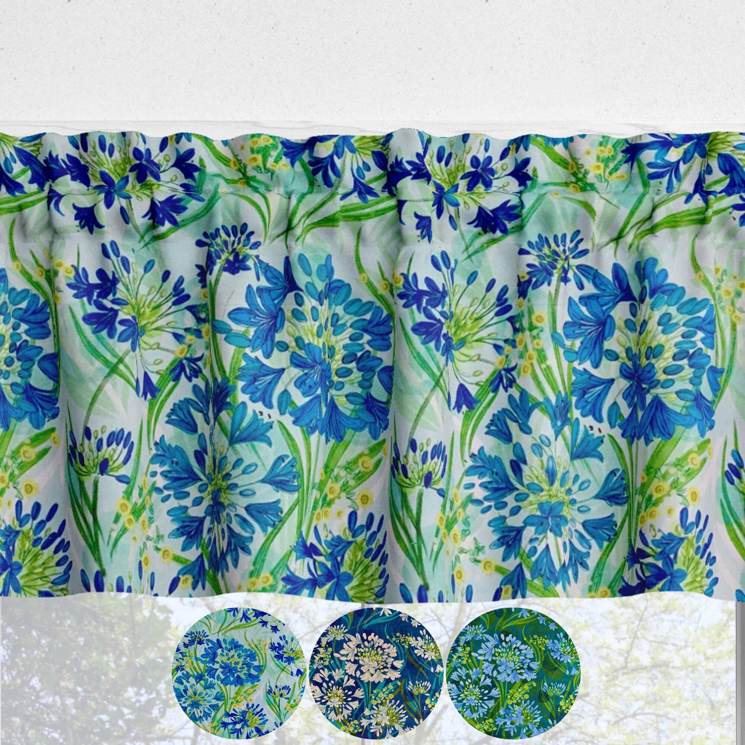 Lily of the Nile Floral Kitchen Valances and Cafe Curtains - aqua, teal green, coastal blue