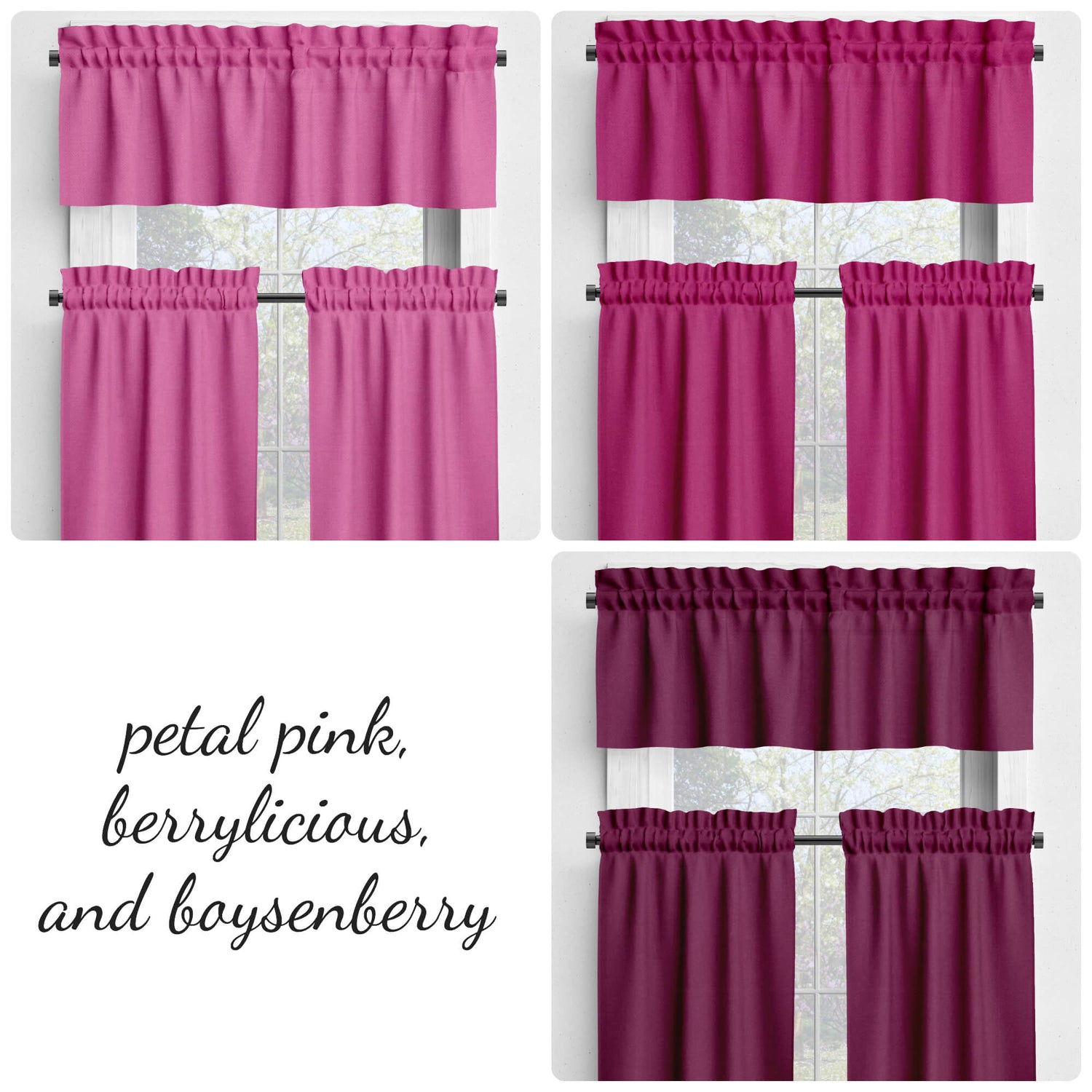 Petal Pink, Berrylicious, and Boysenberry Valances and Cafe Curtains