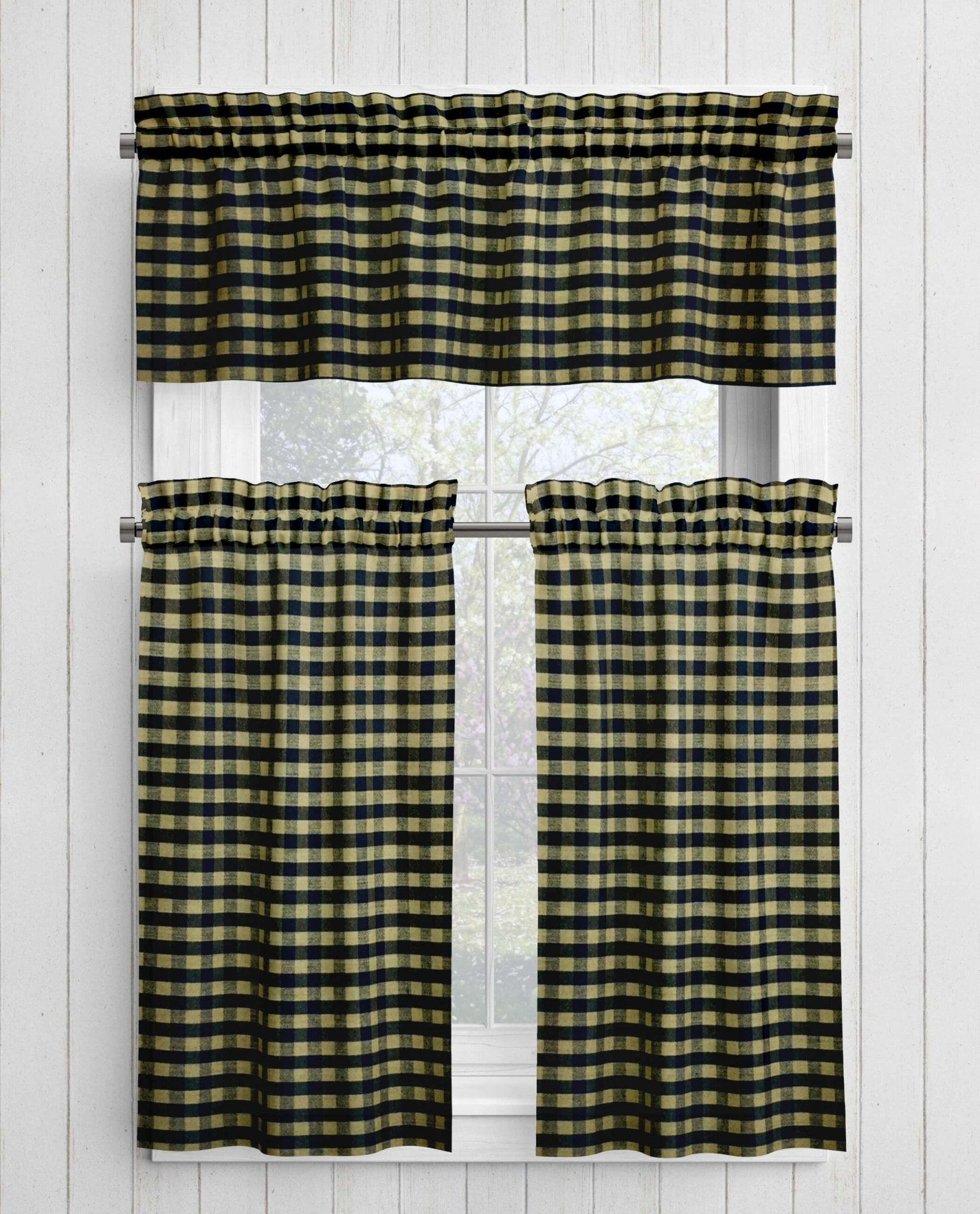 Black and Tan Homespun Curtains – Rustic Plaid Farmhouse