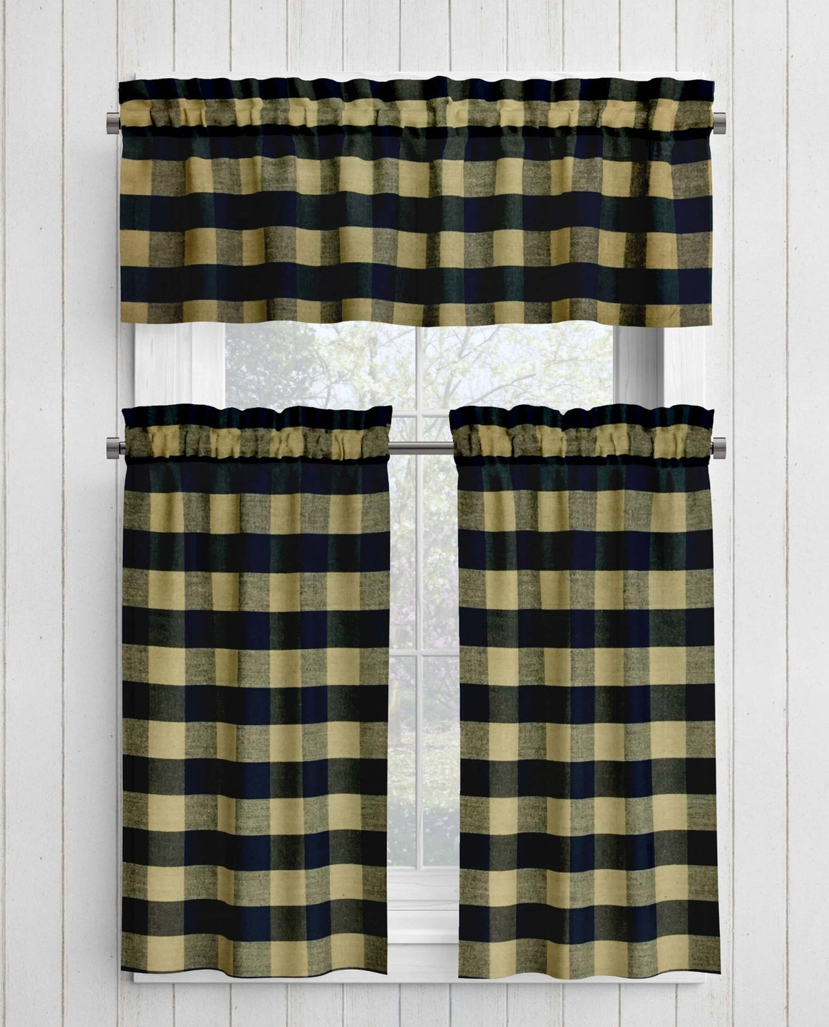 Black and Tan Homespun Curtains – Rustic Plaid Farmhouse