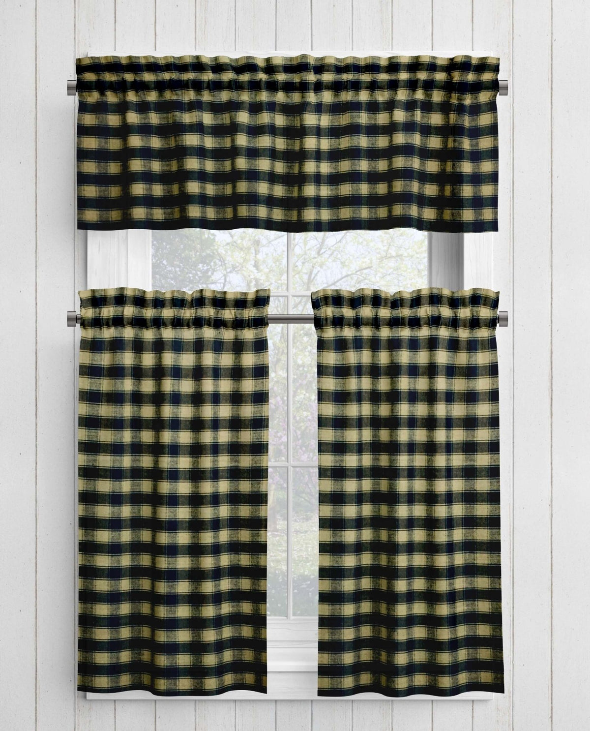Black and Tan Homespun Curtains – Rustic Plaid Farmhouse