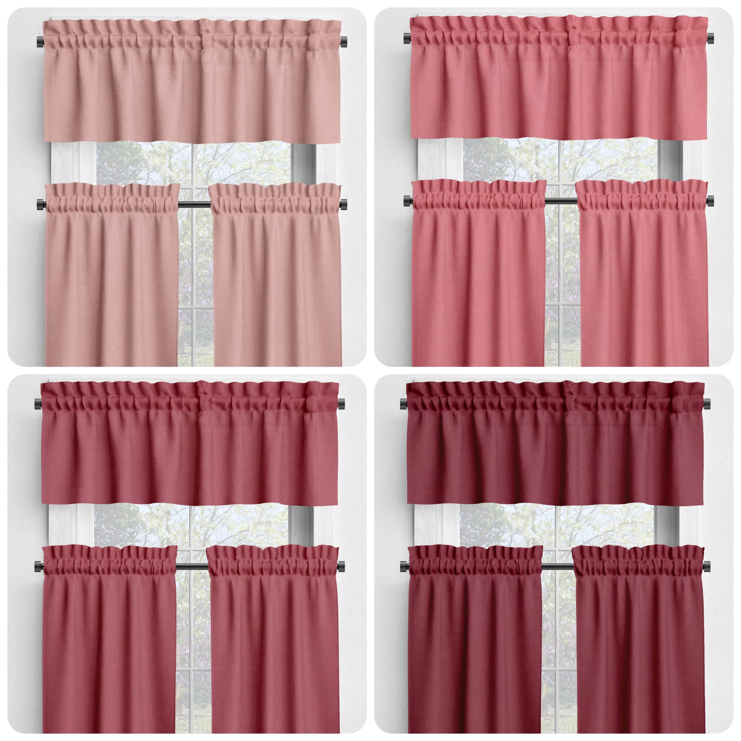 Light Pink, Rose Water, Blush, and Rhubarb Valances and Cafe Curtains