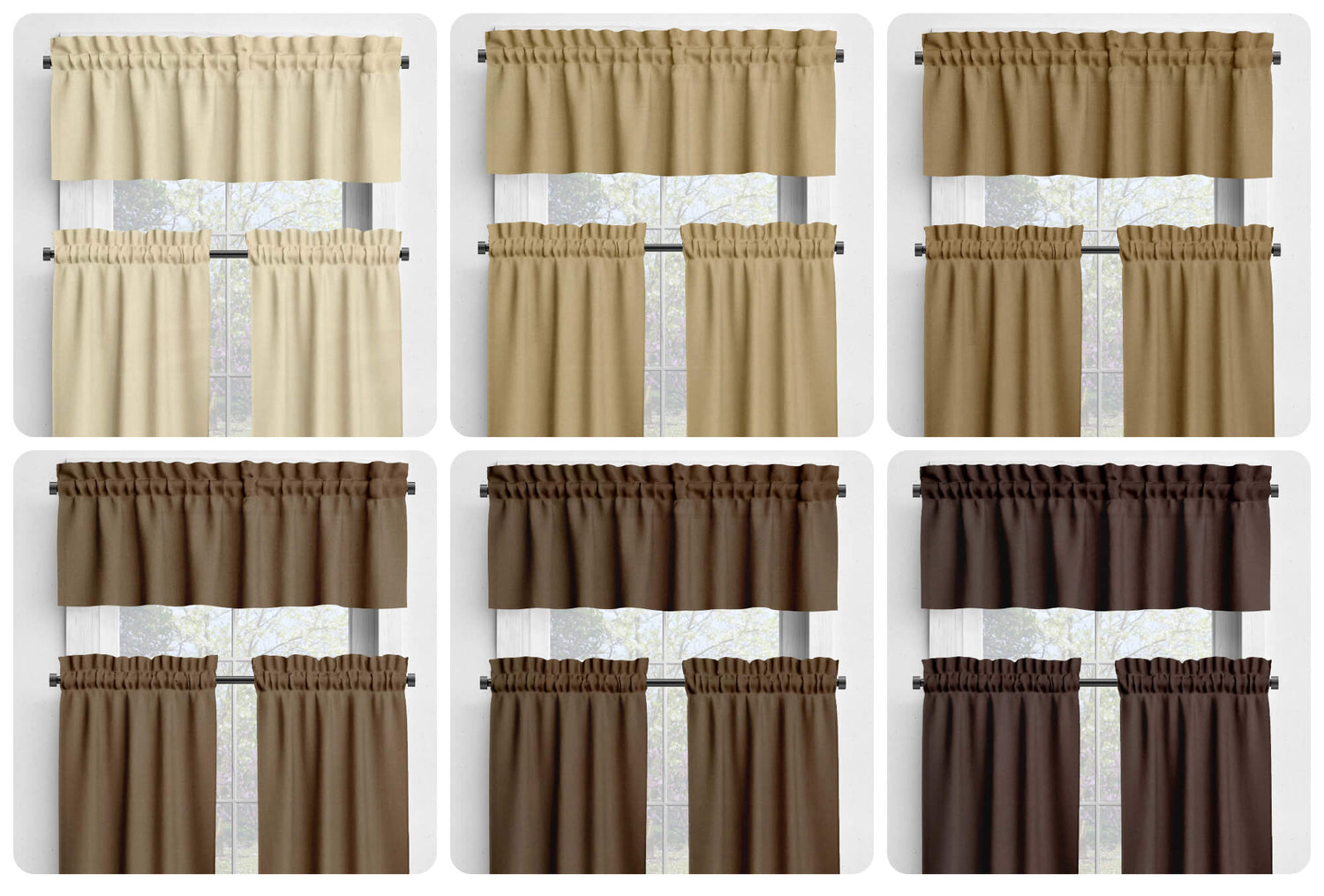 Cream, Tan, Latte, Cocoa, Mocha, Dark Brown Valances and Cafe Curtains