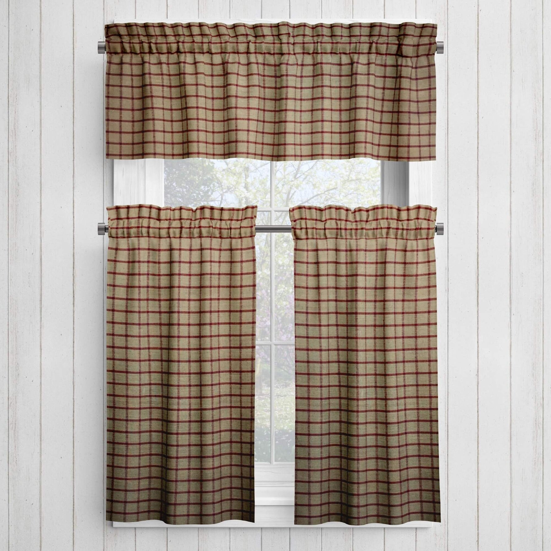 Burgundy Red and Tan Homespun Curtains – Rustic Farmhouse Plaid