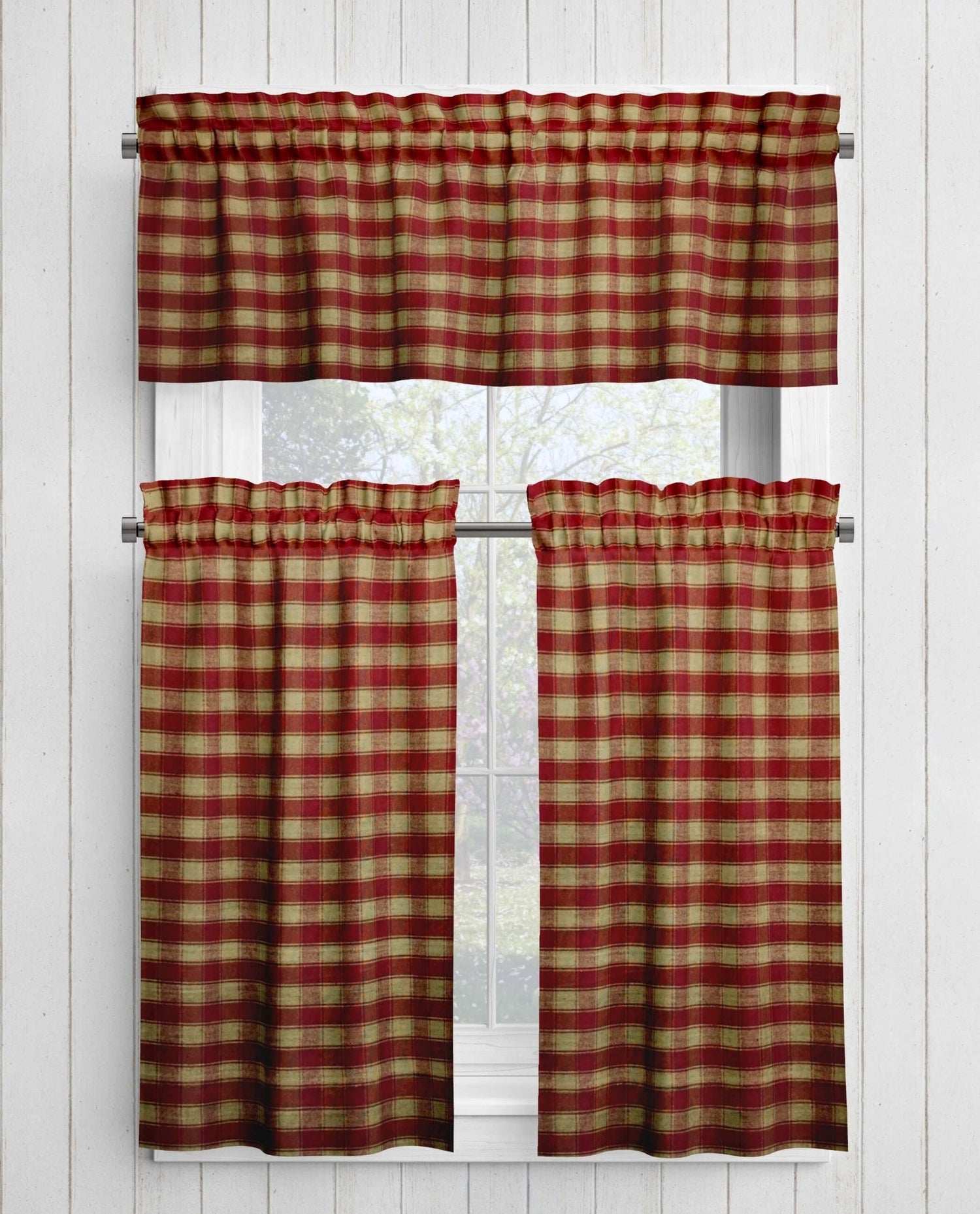 Burgundy Red and Tan Homespun Curtains – Rustic Farmhouse Plaid