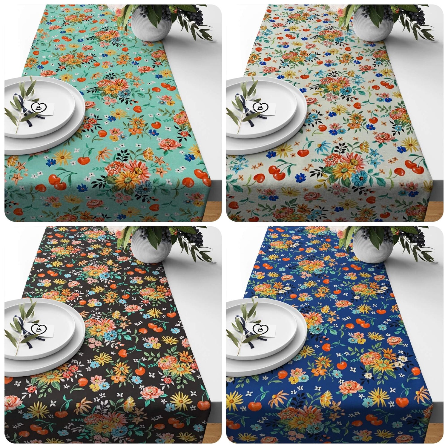 Cream Cherry Cordial Floral Table Runners and Placemats