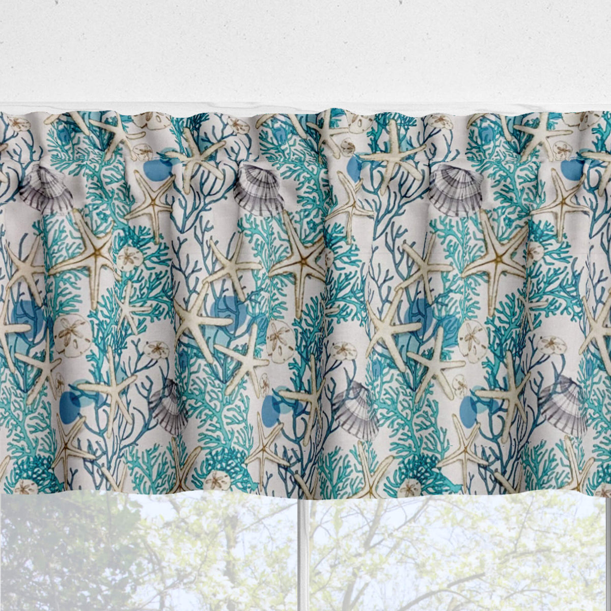 Curtain with starfish and coral pattern on a white background