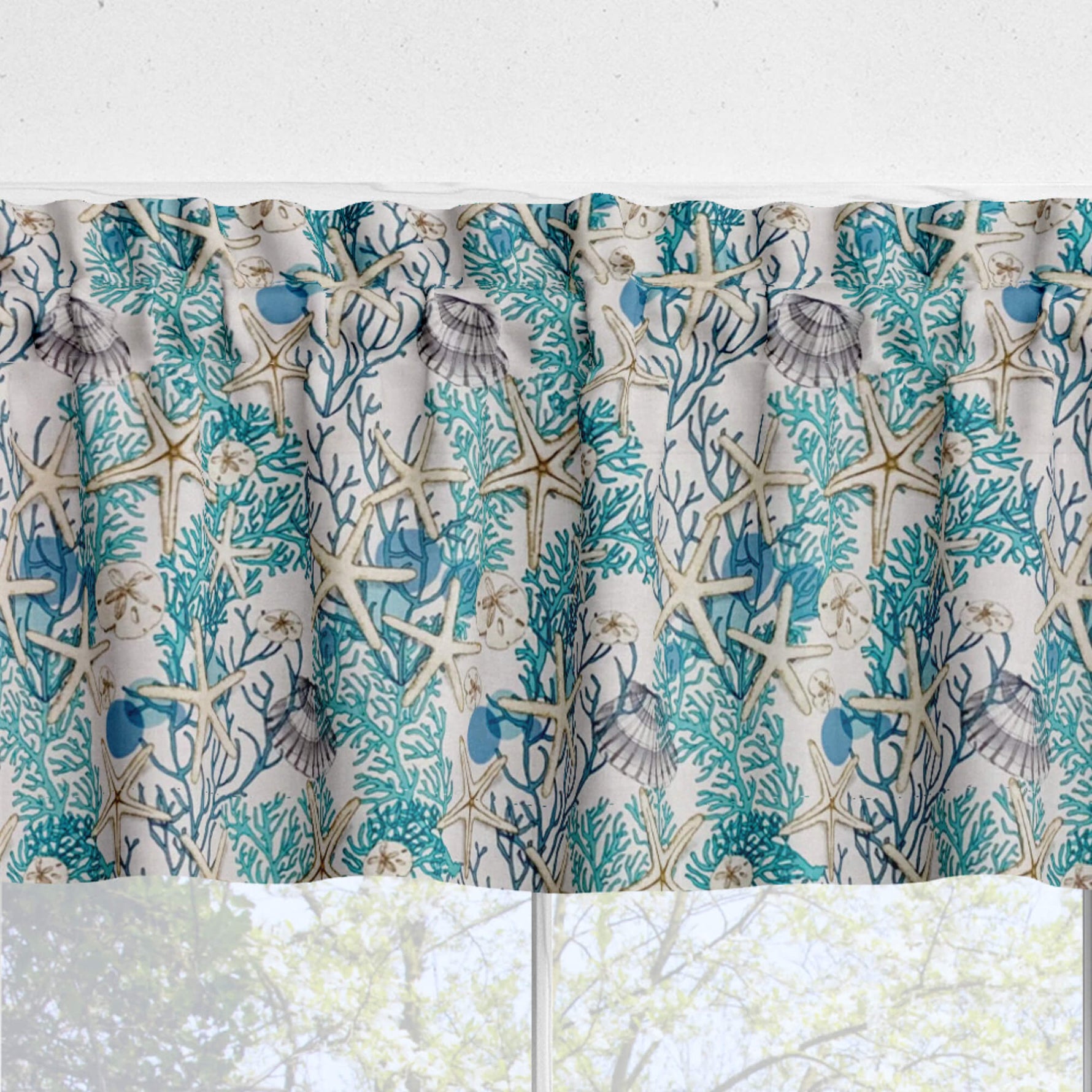 Curtain with starfish and coral pattern on a white background